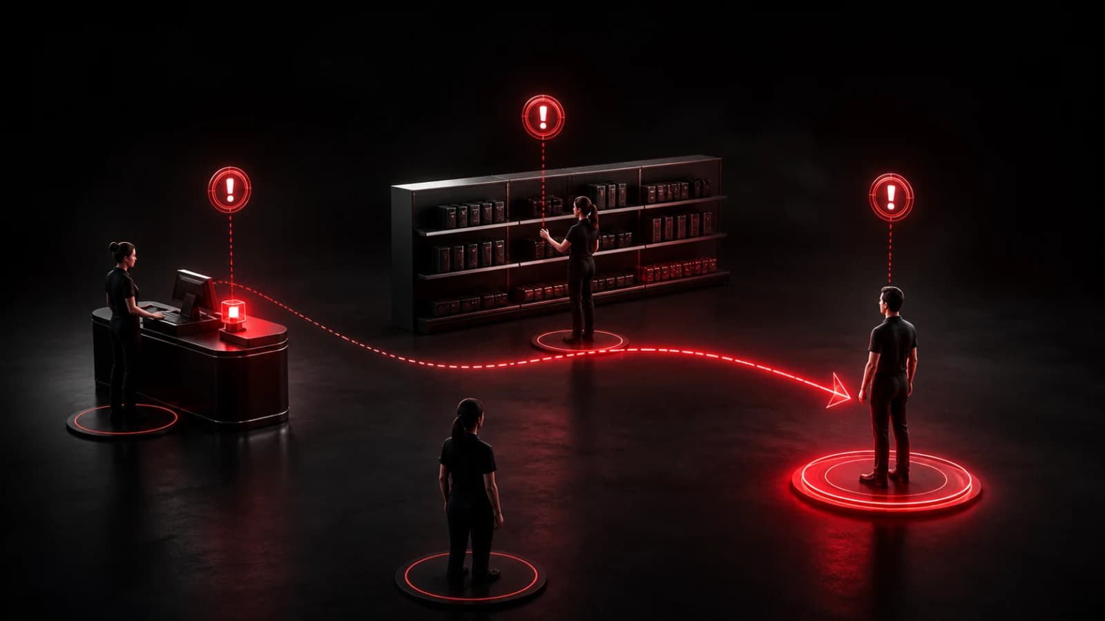 A polished dark retail counter receiving a focused red staff signal.
