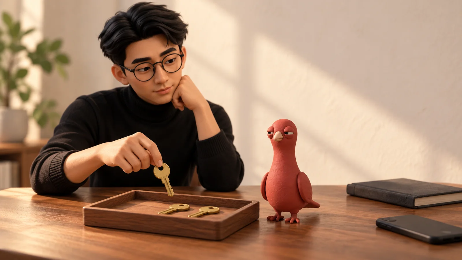 A PingRoom avatar removes one brass key from an access-review tray while Pingo watches.