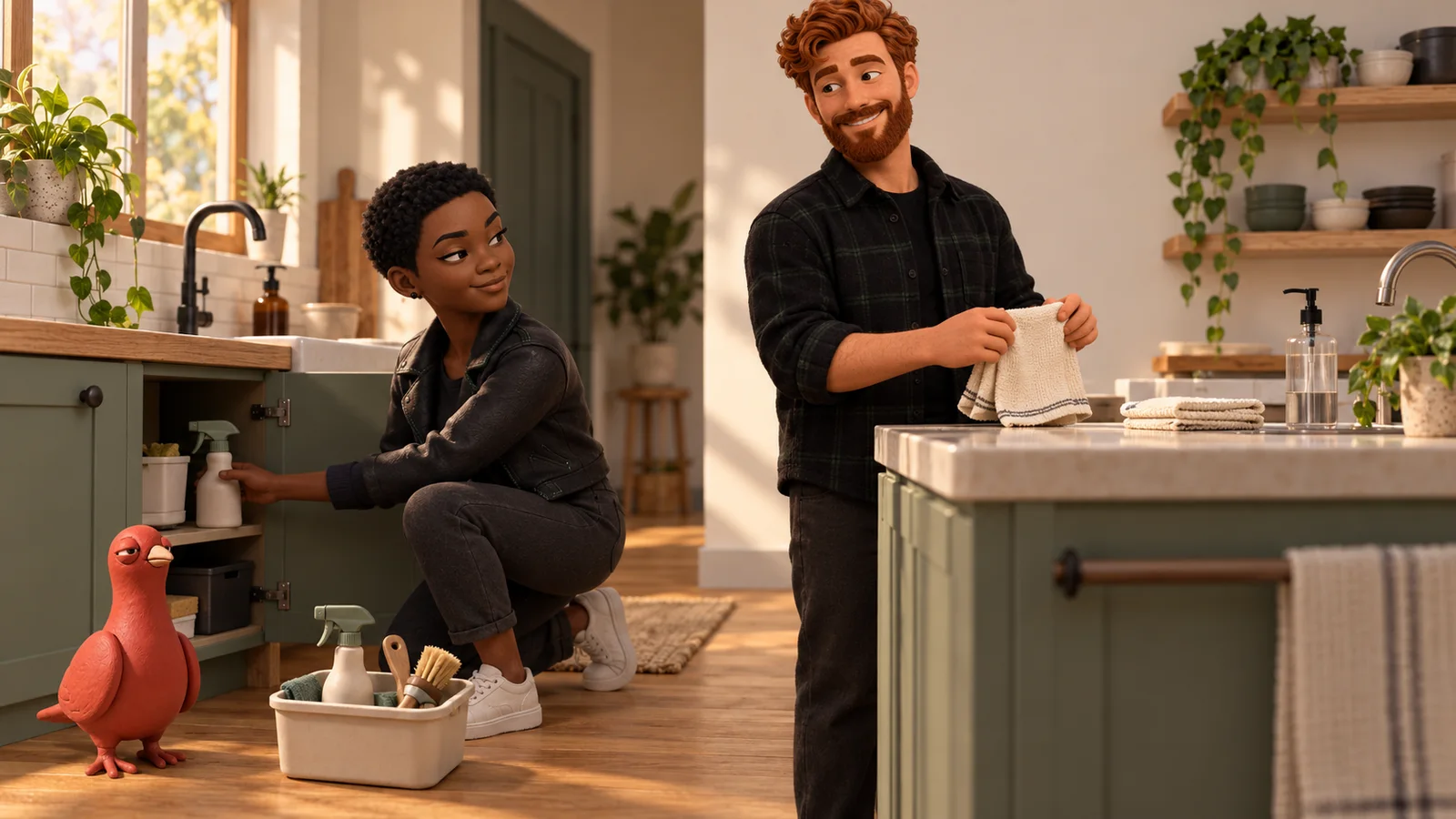 Two PingRoom avatars finish cleaning a shared kitchen while Pingo stands beside a cleaning caddy.