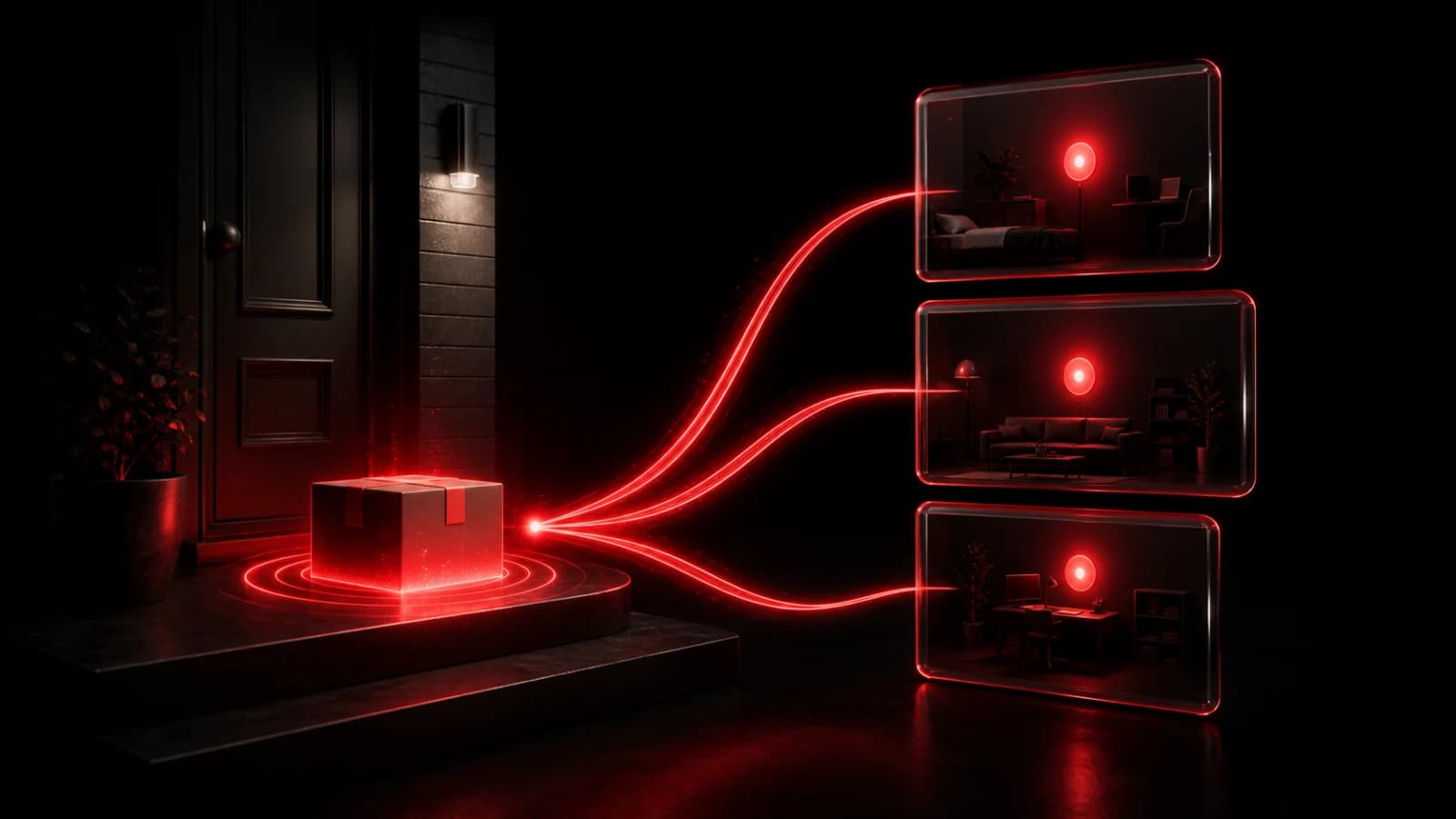 A parcel on a dark doorstep emitting a focused red notification ring.