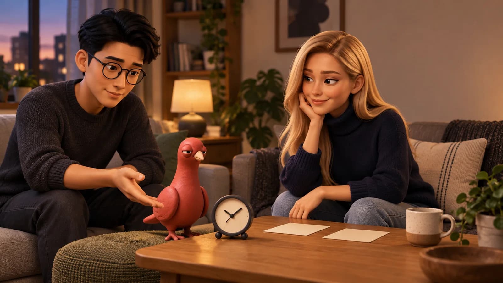 Two PingRoom avatars agree on quiet hours in a shared living room while Pingo watches a small analog clock.