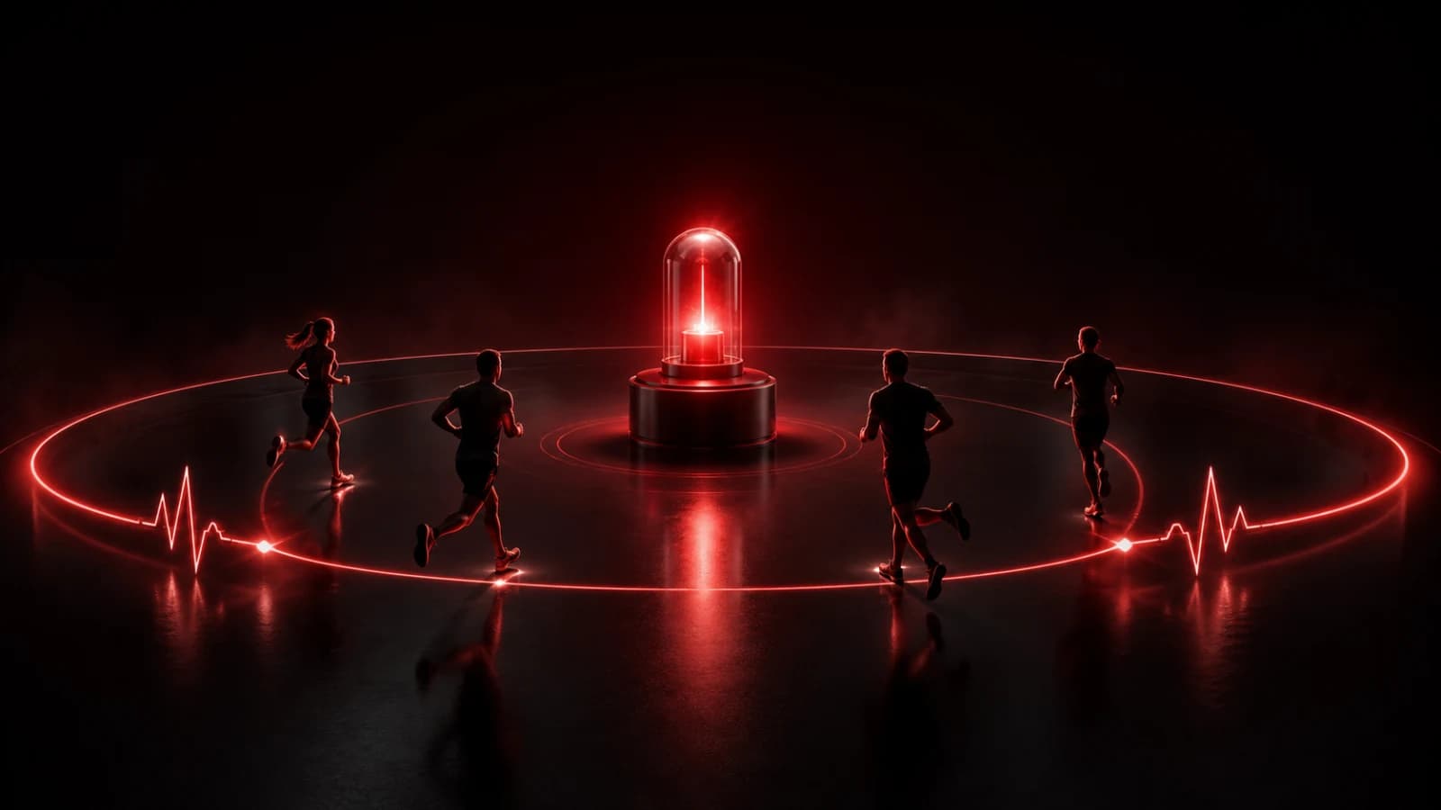 A group of runners following a bright red route marker through a dark city.