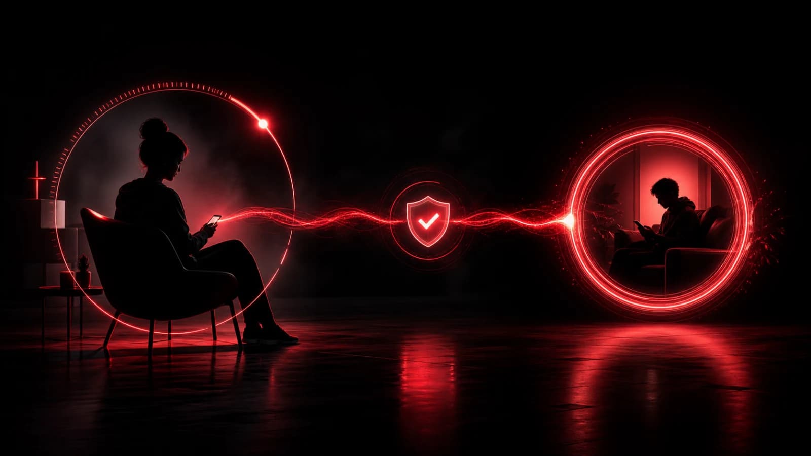 A protected red checkpoint linking two distant phones across a dark path.