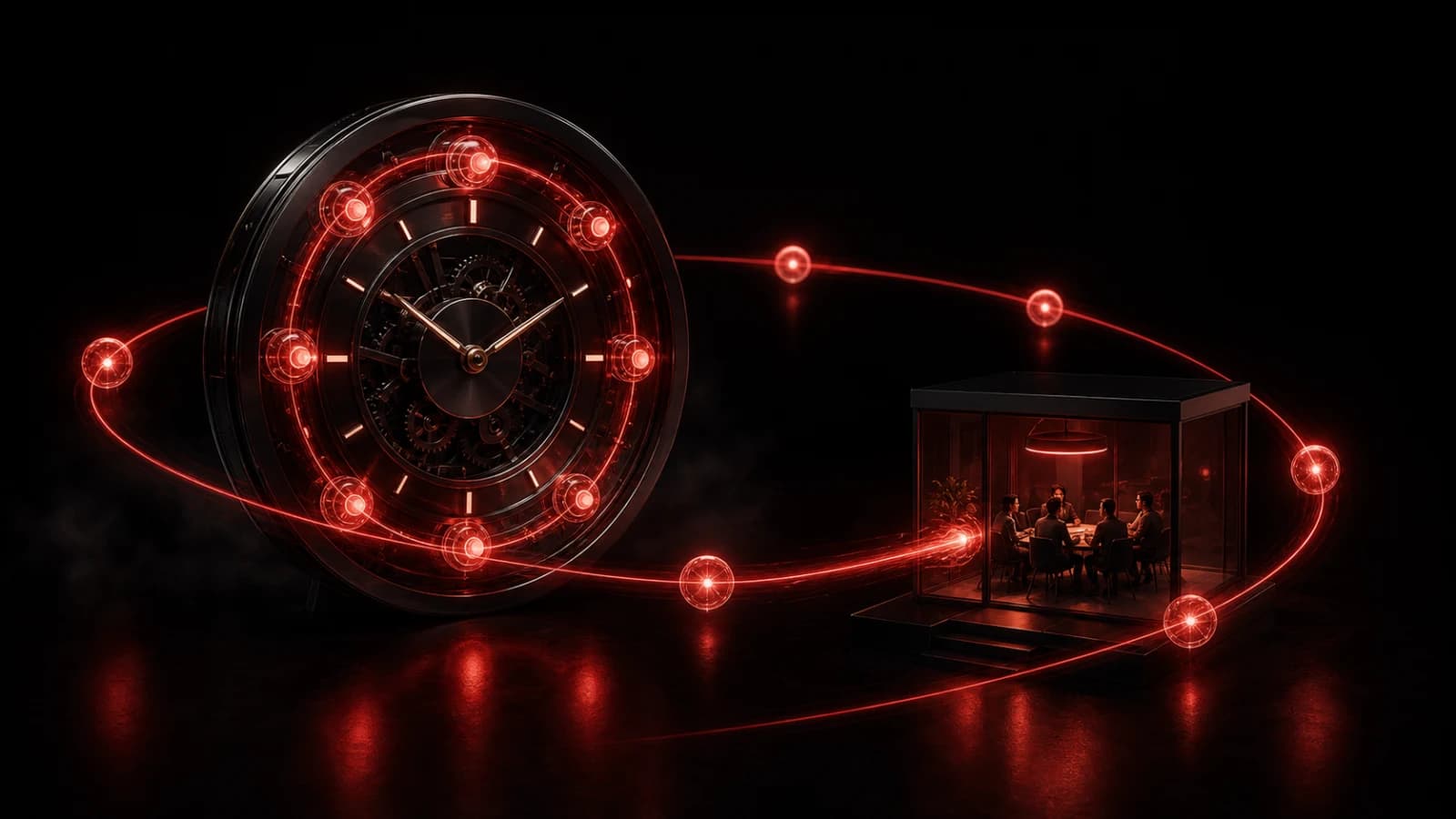 A circular calendar mechanism releasing precise red group-notification pulses.