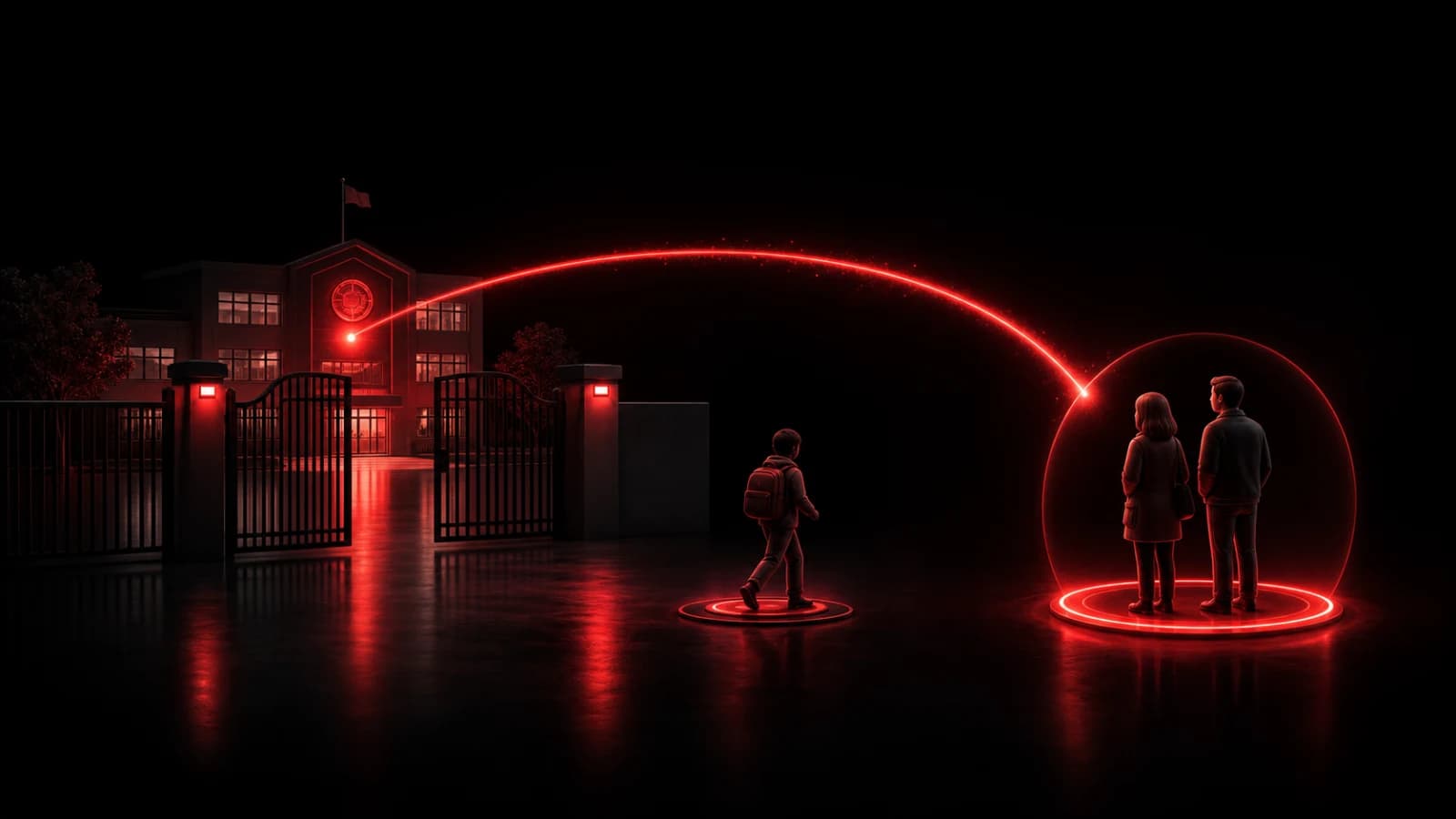 A red school-bus silhouette connecting a school gate and a family phone.