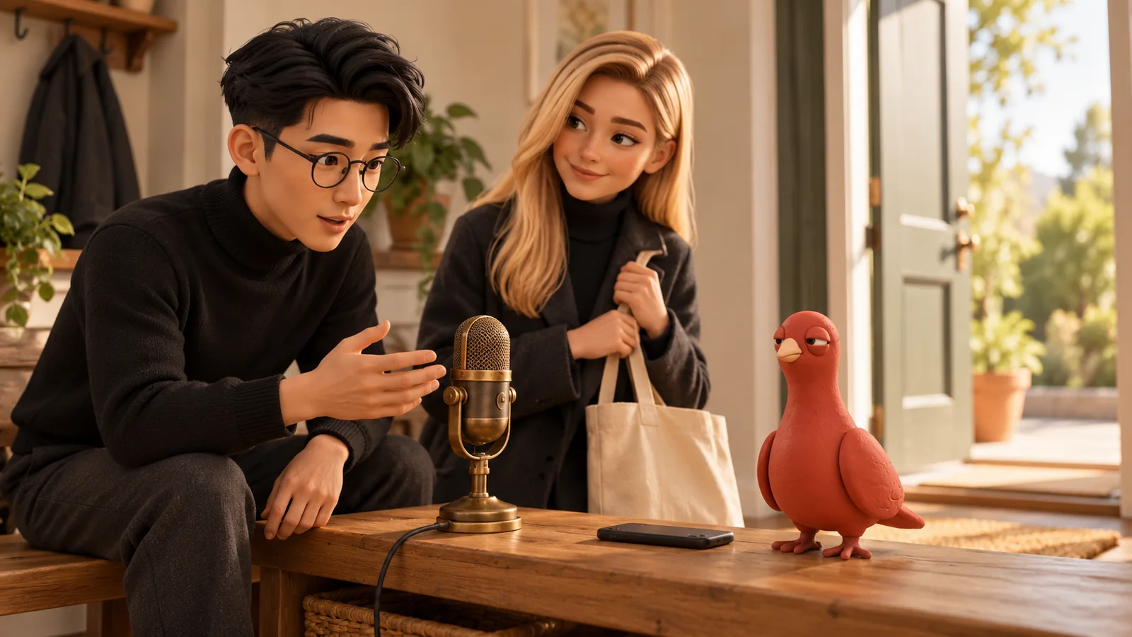 Two PingRoom avatars prepare a side-entrance update beside a small brass microphone while Pingo watches from a wooden table.
