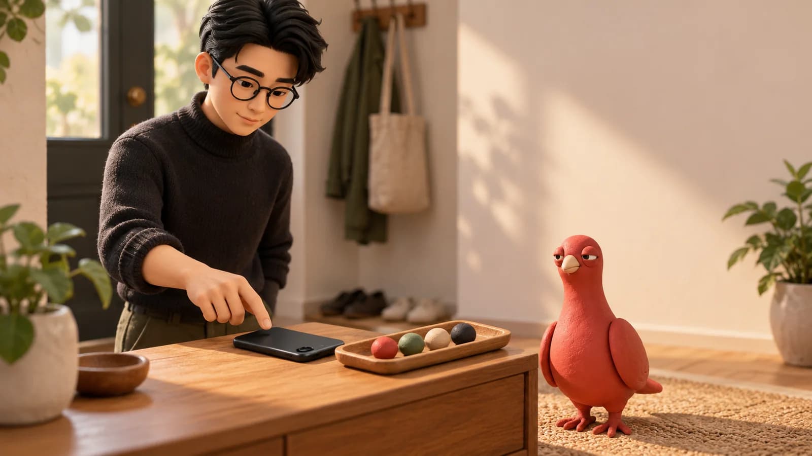 A PingRoom avatar reaches toward a face-down phone beside four ordered cue tokens while Pingo watches.