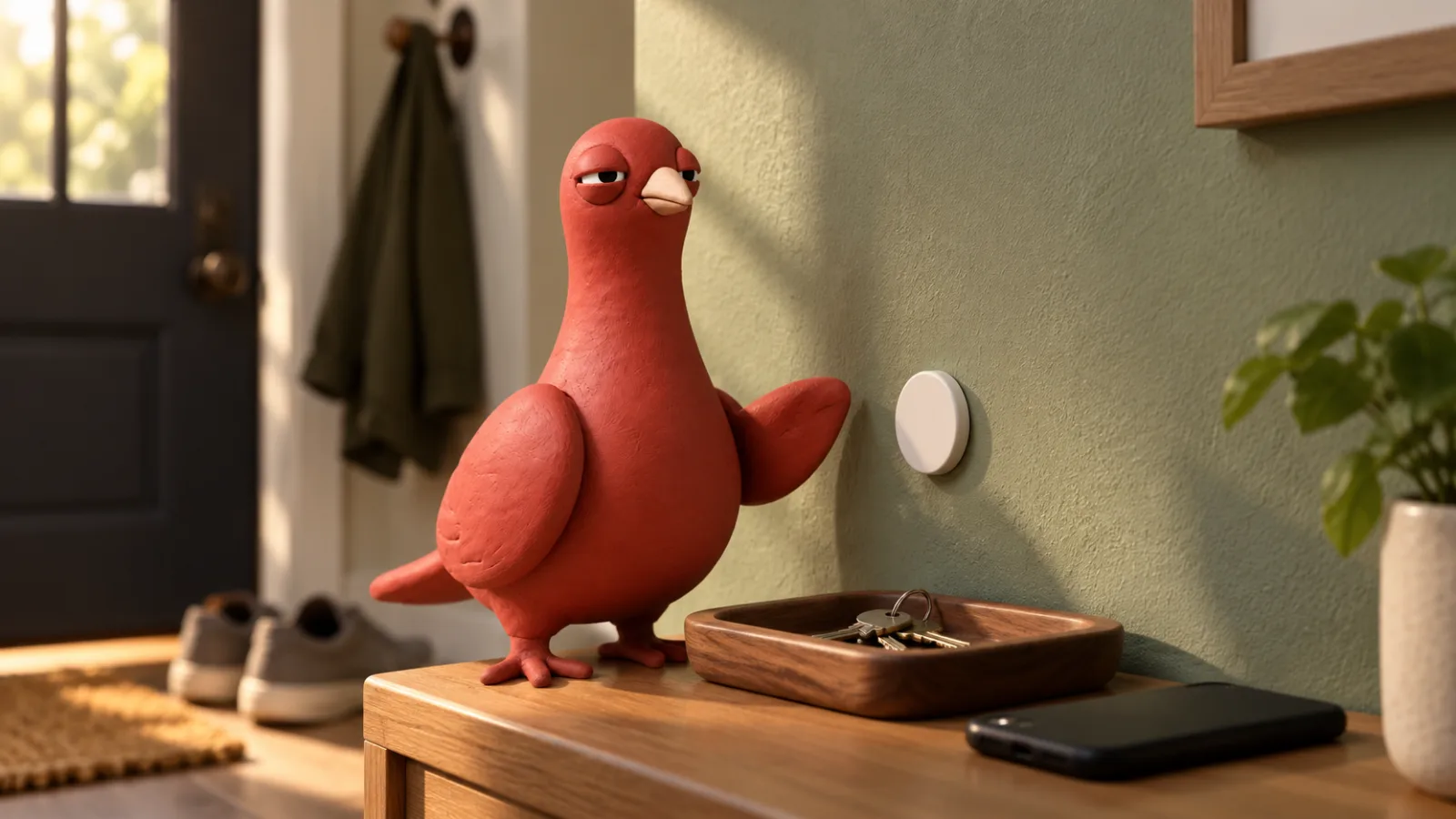 Pingo stands beside a plain NFC tag above a key tray and face-down phone in a sunlit entryway.