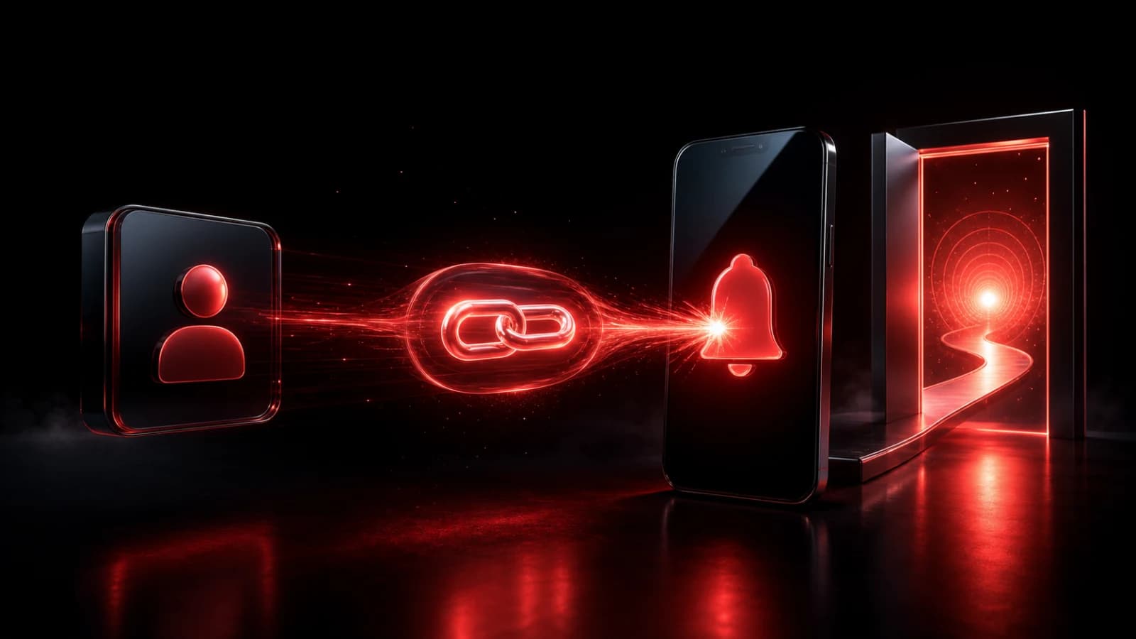 A glowing red link arc moving cleanly from a notification into a browser window.