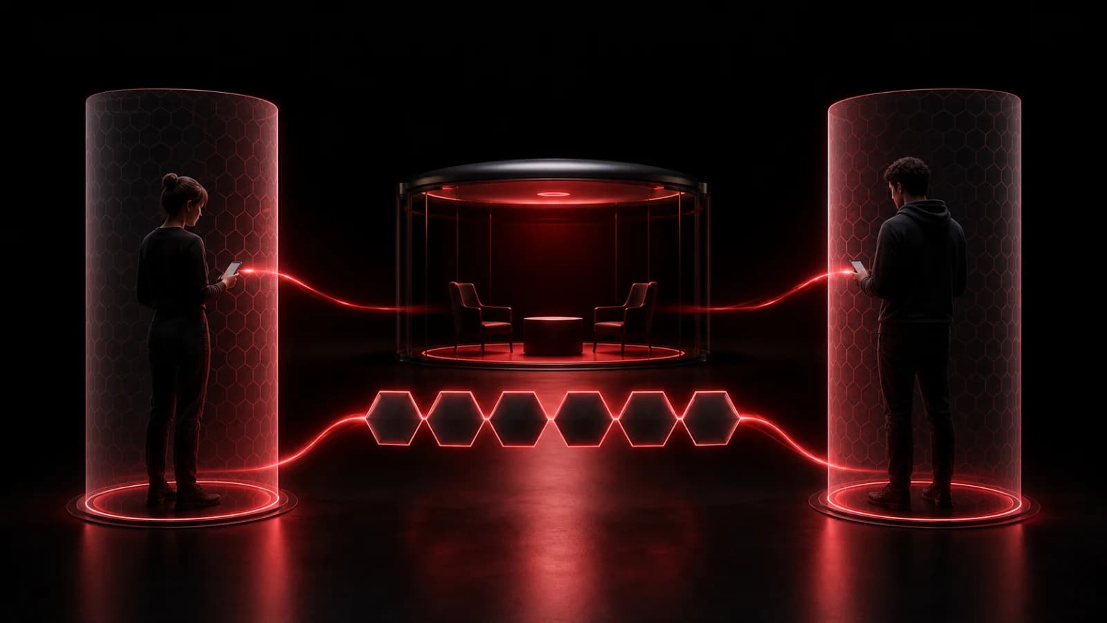 Two phones connected by a red room signal while a phone-number keypad fades away.