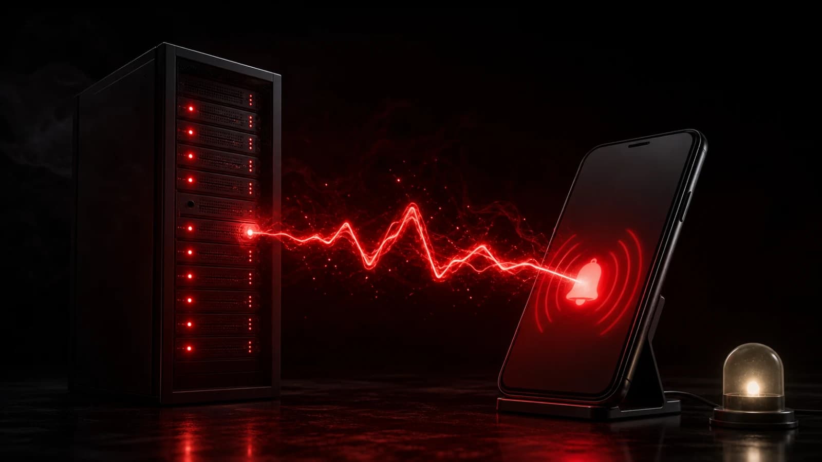 A dark server rack with one failed unit emitting an urgent red phone signal.