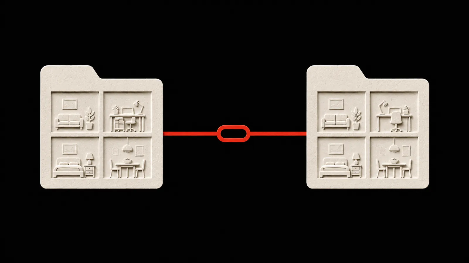 Two ivory folders each show four room scenes, connected by one red link across a black background.