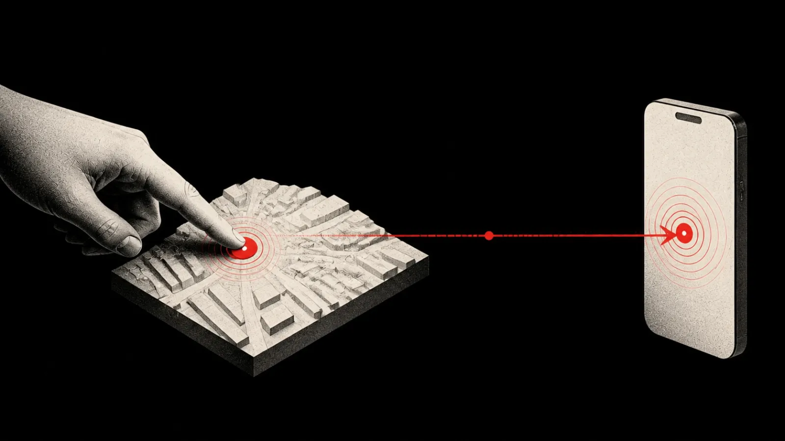 A fingertip confirms one point on a raised map and sends it directly to a phone with no trail behind.