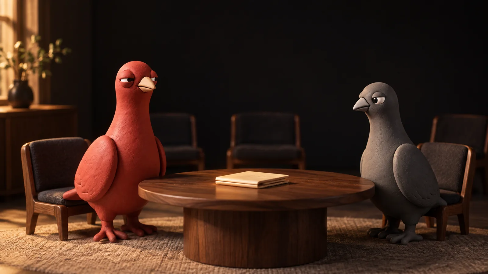 Pingo, the terracotta-red clay pigeon, shares a small unlettered folio with one gray pigeon across a private meeting table.