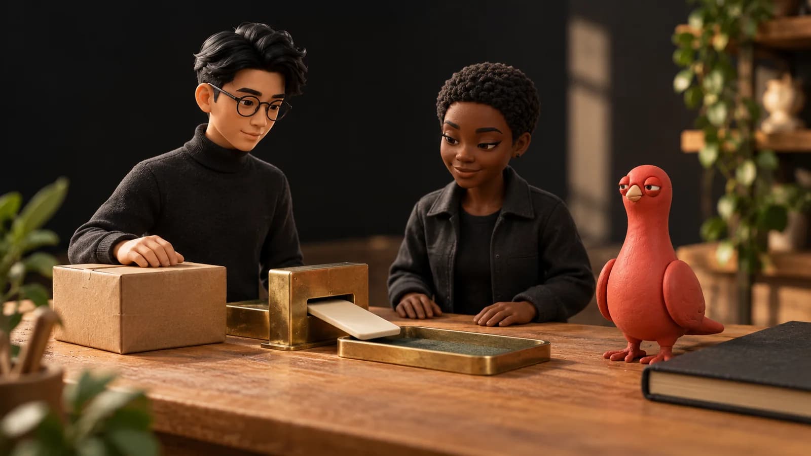 Two PingRoom avatars sort one blank paid-order token beside Pingo at a miniature fulfillment desk.