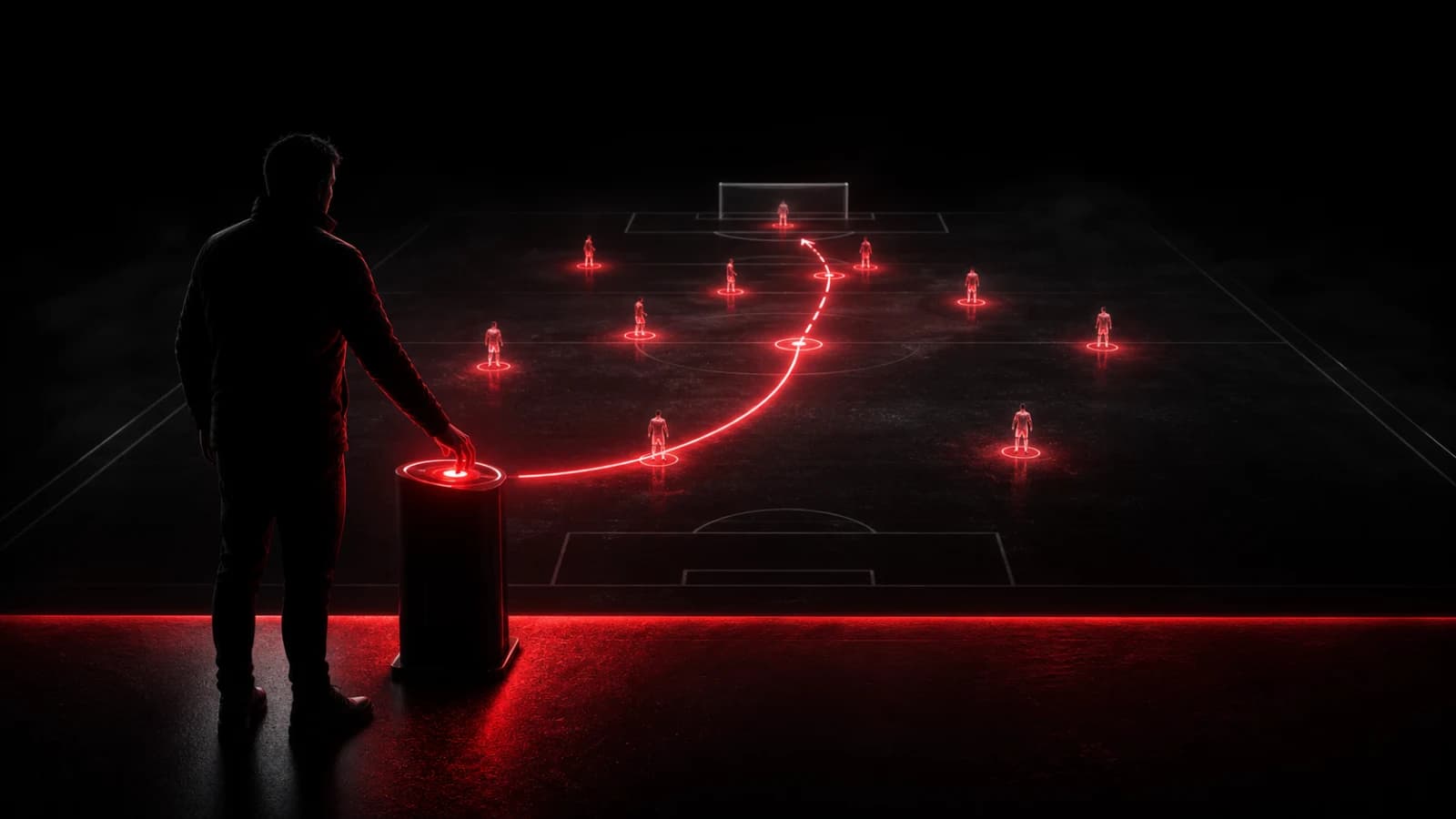 A coach silhouette sending a restrained red pulse toward a player wrist.