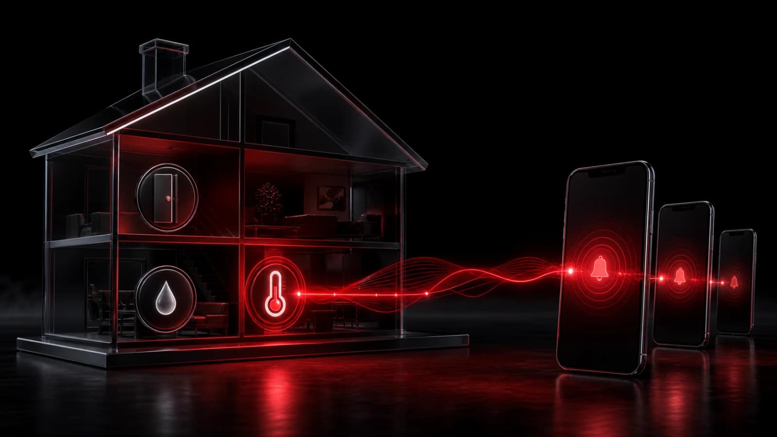 A dark smart home model sending red sensor pulses to several phones.