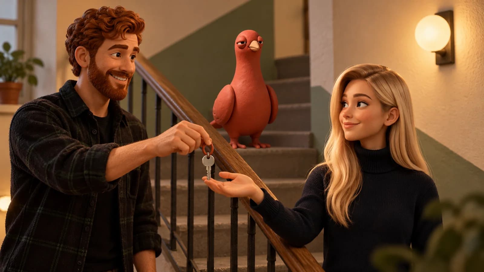 Pingo watches two neighbors hand over a plain key in a warm apartment stairwell.