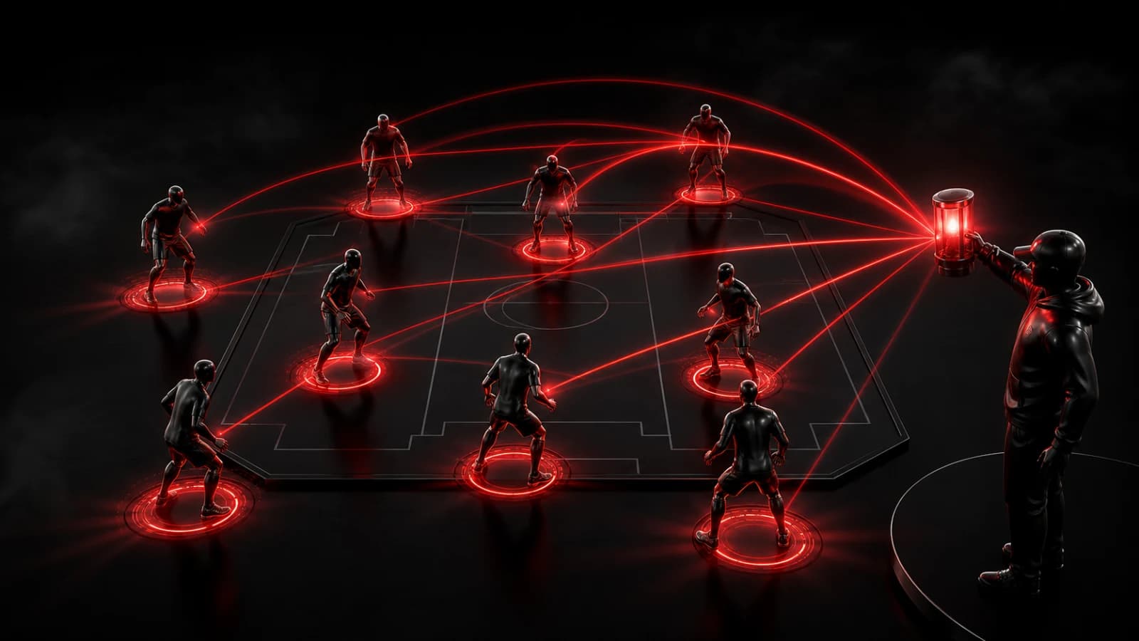 A dark team formation illuminated by a single red game-plan signal.