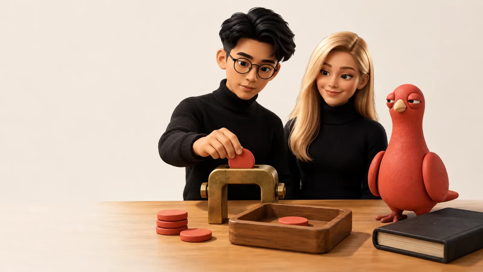 Two PingRoom avatars and Pingo watch one plain terracotta token pass through a brass verification gate into a shared tray.
