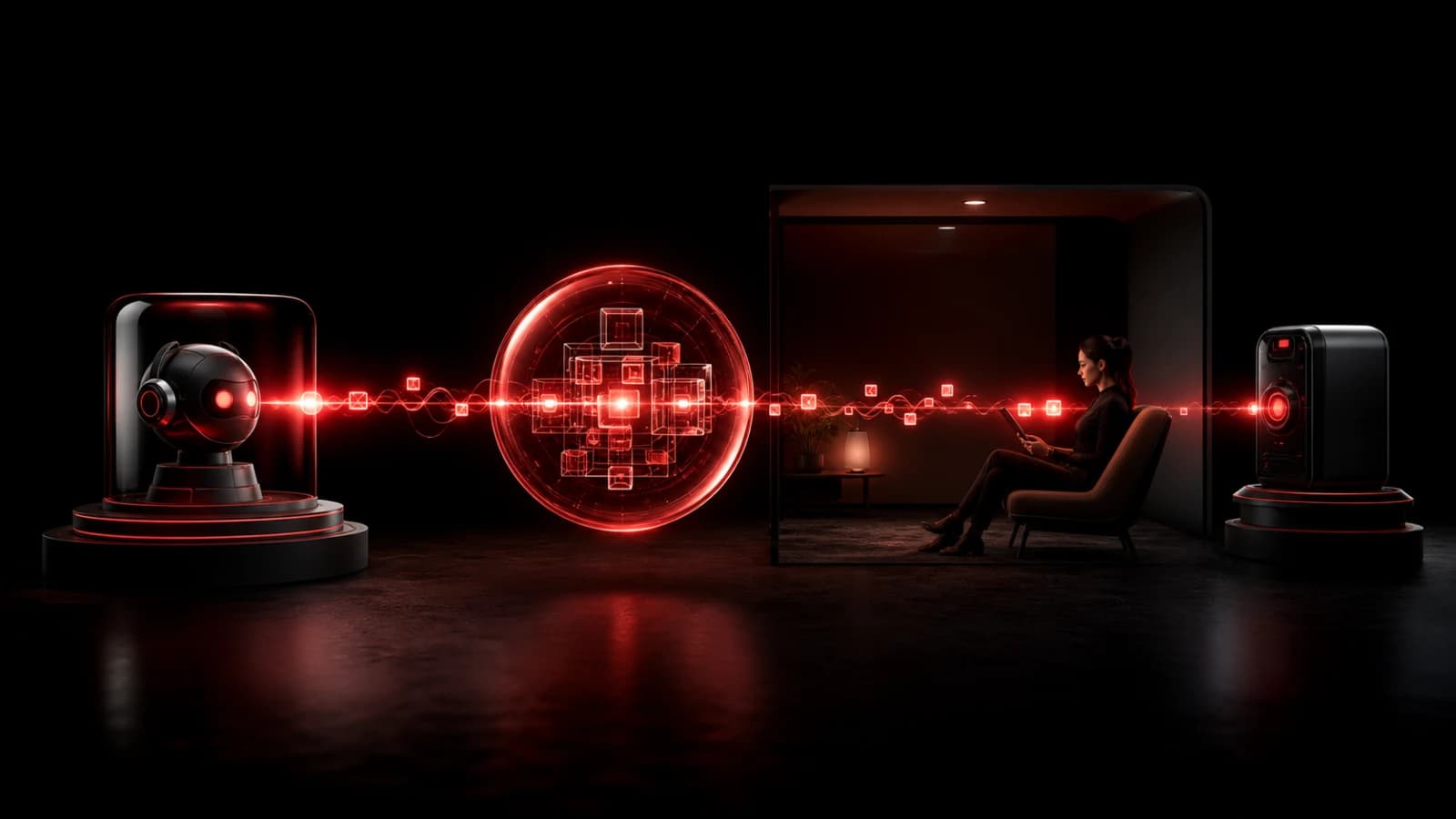 Geometric red data packets flowing between an AI core and a human phone.