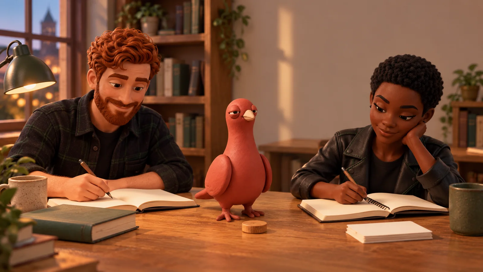 Two PingRoom avatars begin separate study tasks at a library table while Pingo stands beside a wooden checkpoint token.