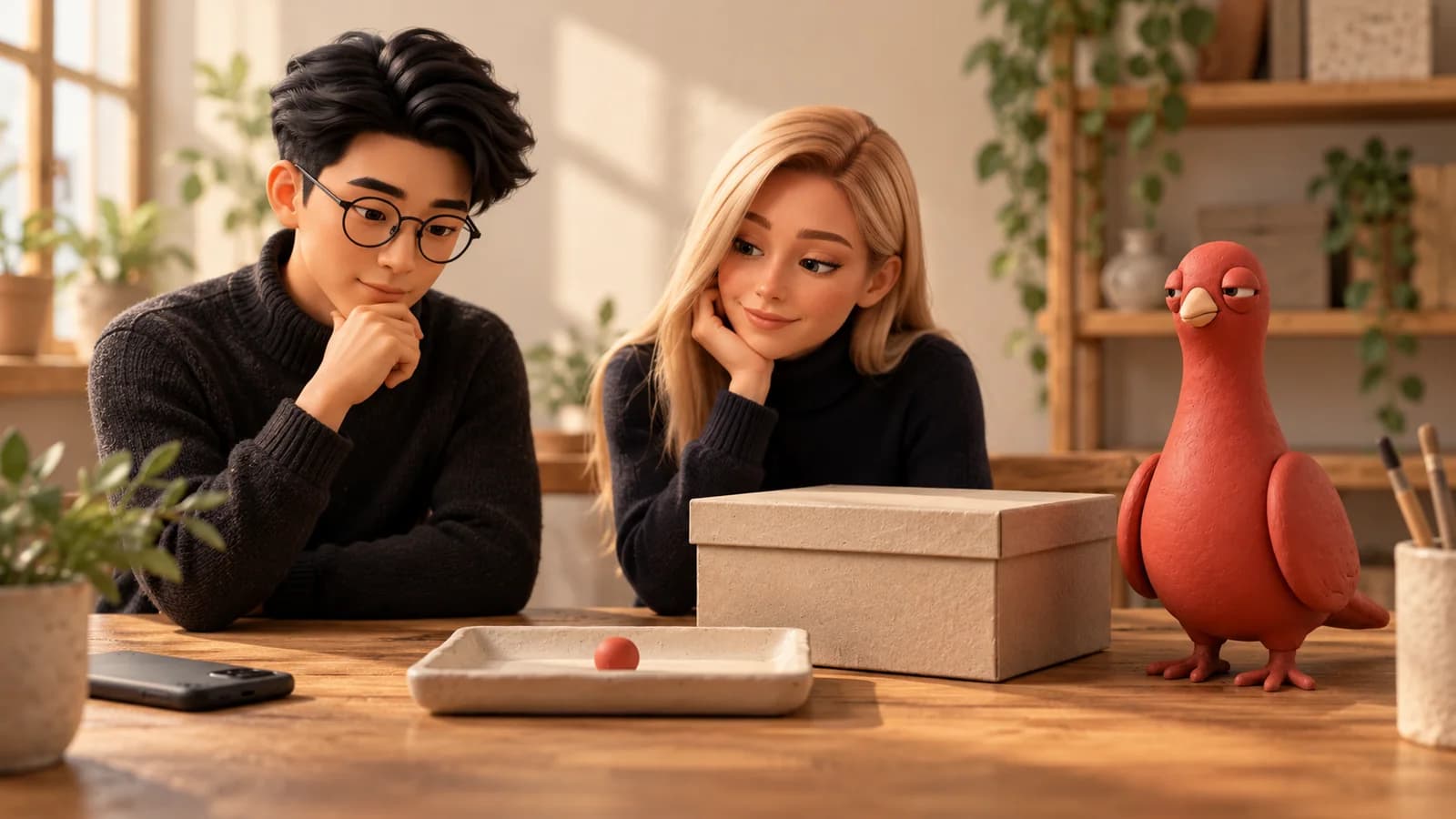Two PingRoom avatars keep a survey archive closed while Pingo watches one blank signal token beside a face-down phone.