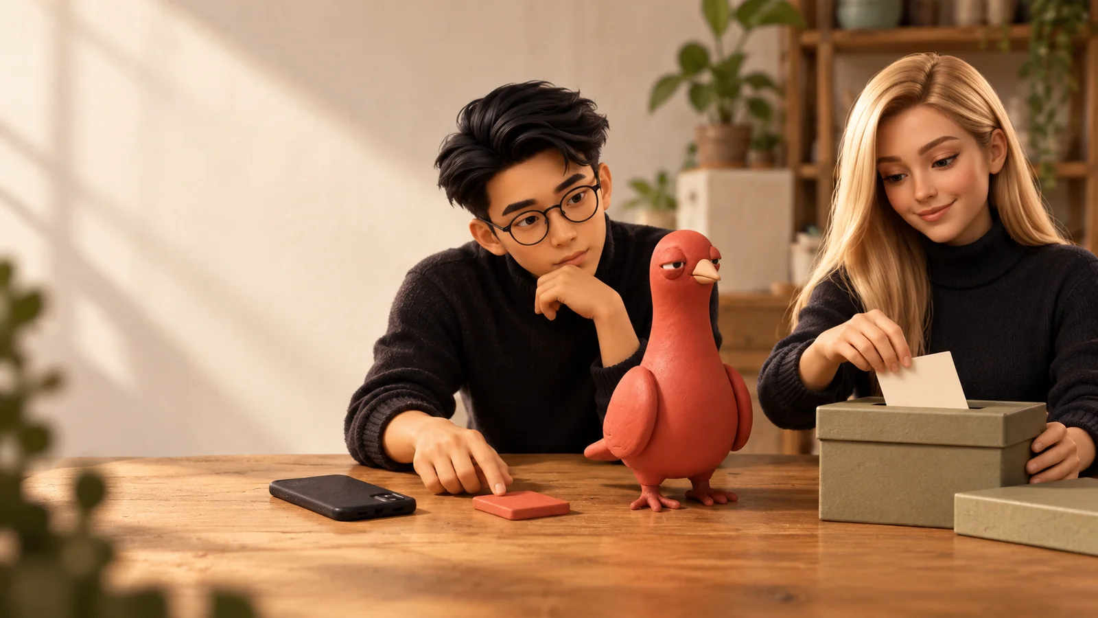 Two PingRoom avatars keep a response box closed while Pingo watches one blank signal tile beside a face-down phone.