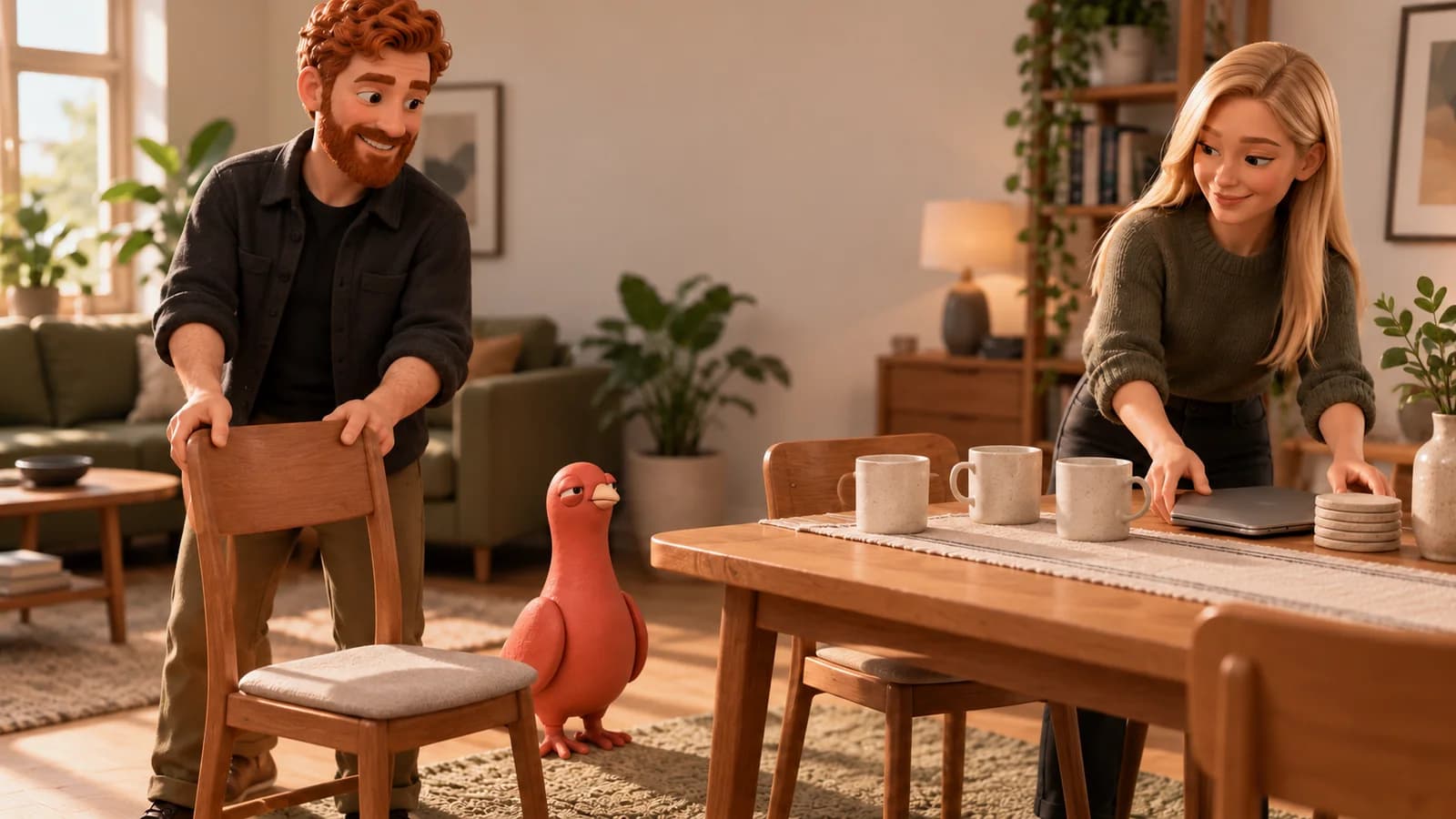Two PingRoom avatars prepare a shared dining area for a guest while Pingo watches beside an extra chair.