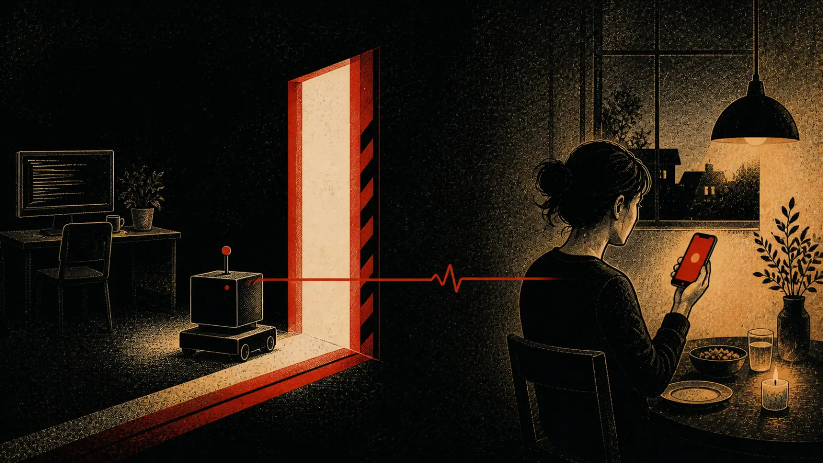 A coding agent waits at a bright threshold while one red signal reaches a person who stepped away for dinner.