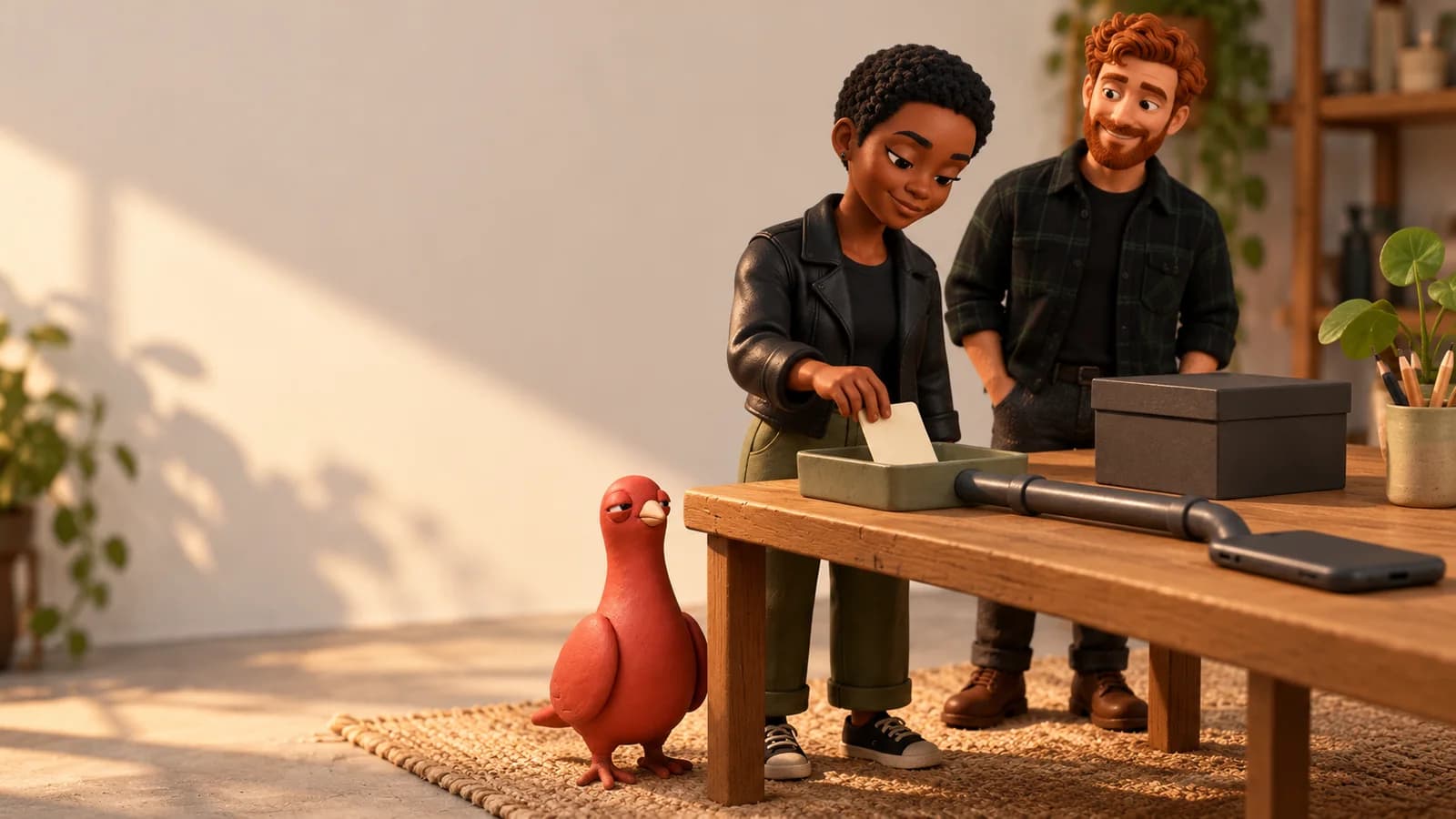 Two PingRoom avatars move a plain task tile into a finished tray while Pingo watches beside a sealed alert tube.