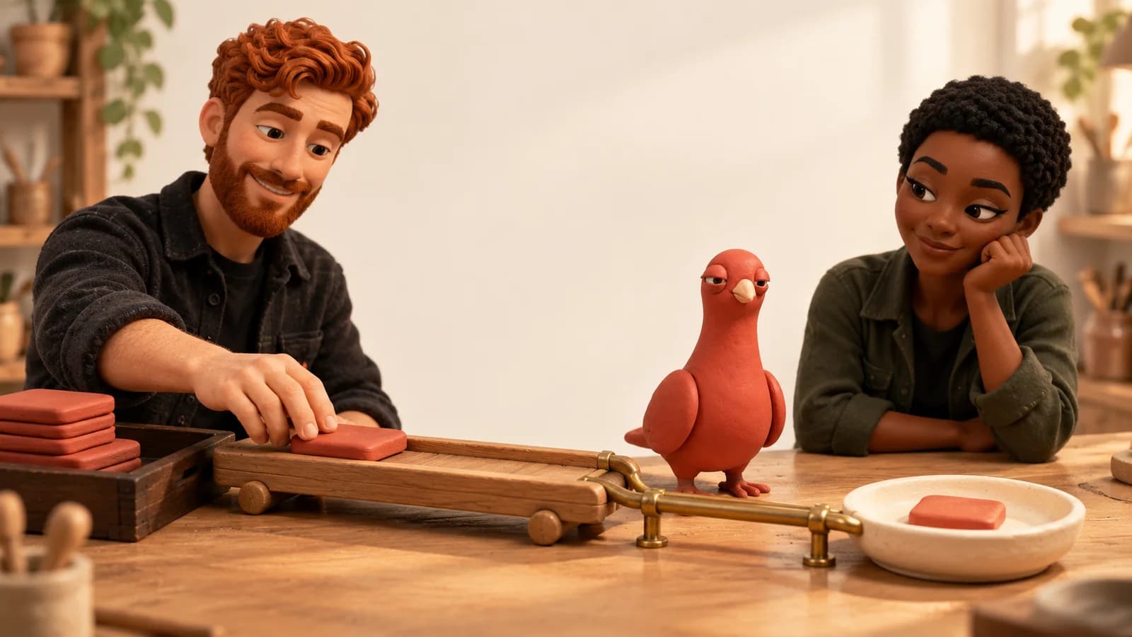 Two PingRoom avatars move one task token into a ready tray while Pingo watches a single signal travel toward a shared dish.