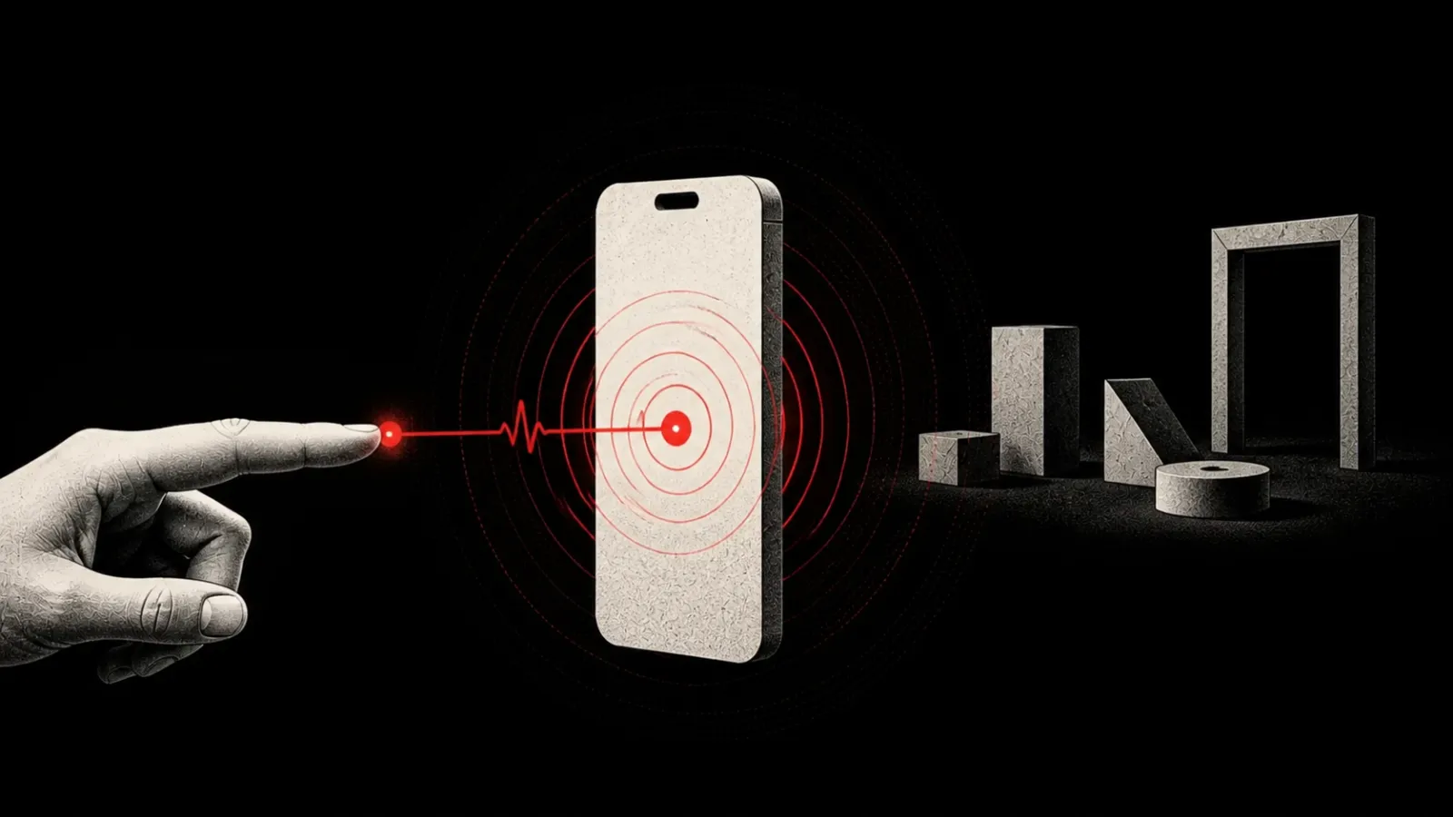 A fingertip sends one Signal Red pulse into a phone while unbuilt room pieces wait behind it.