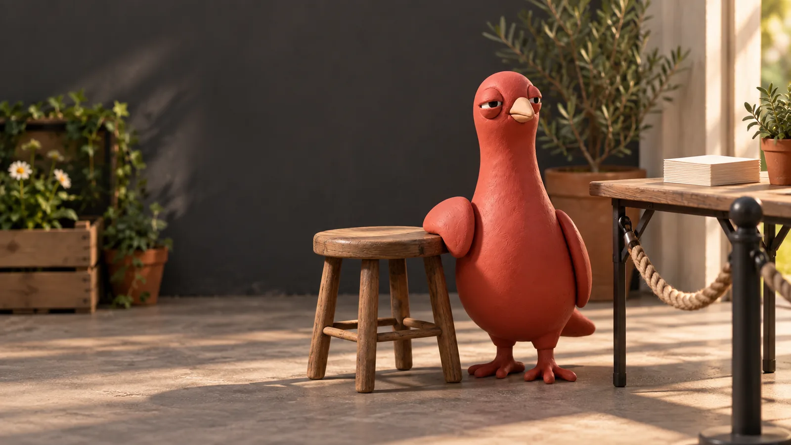 Pingo the Pigeon rests one wing on an empty wooden stool beside a garden welcome table and a stack of blank cards.