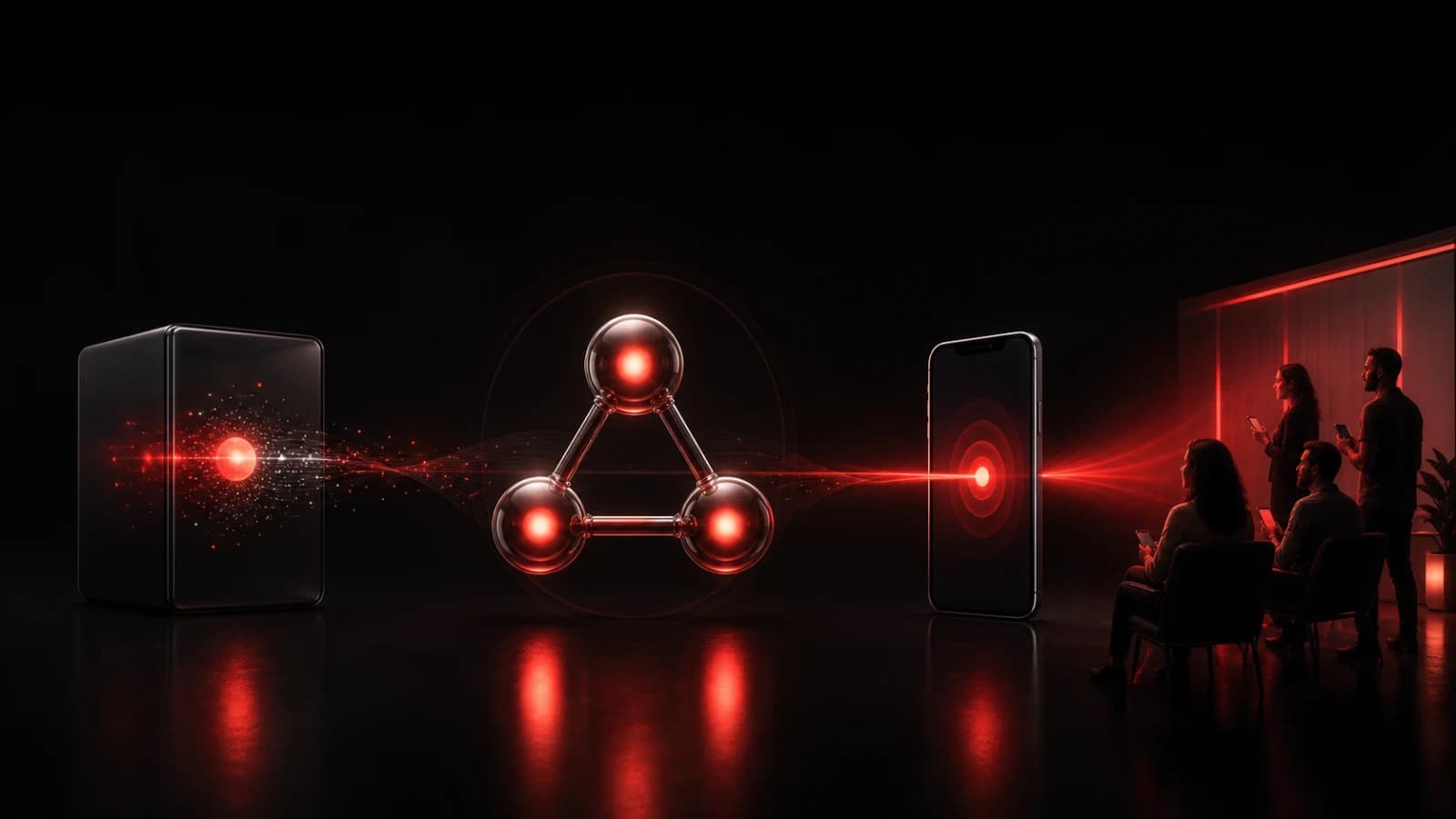 A red data pulse crossing from an API port into a luminous phone notification.