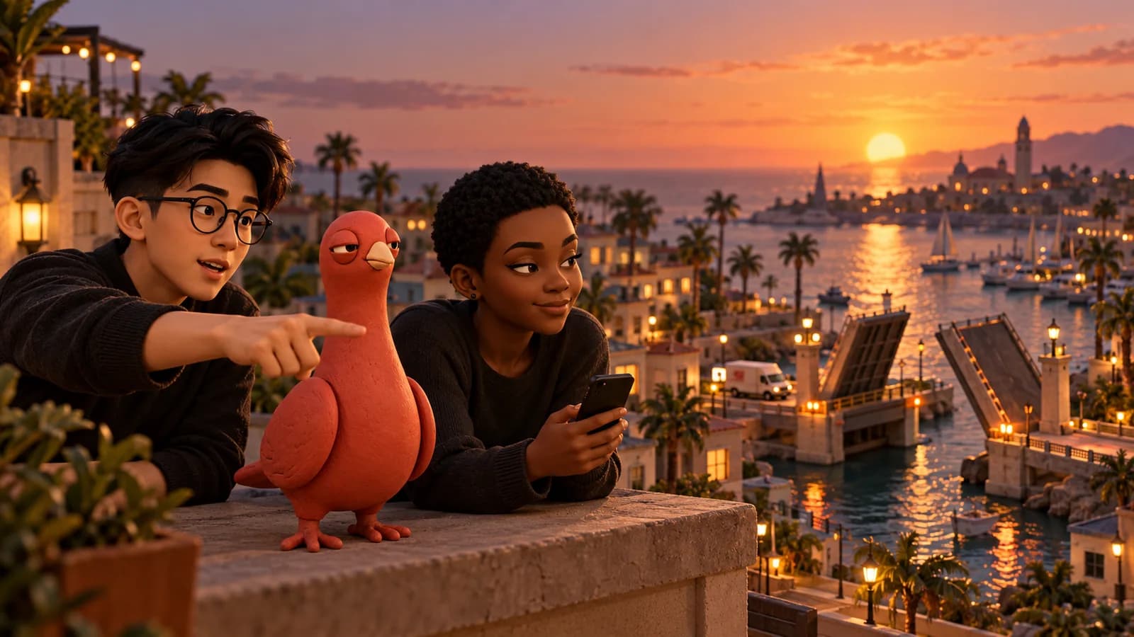 Pingo and two PingRoom avatars overlook an original palm-lined miniature harbor city, with a raised drawbridge and a waiting van.