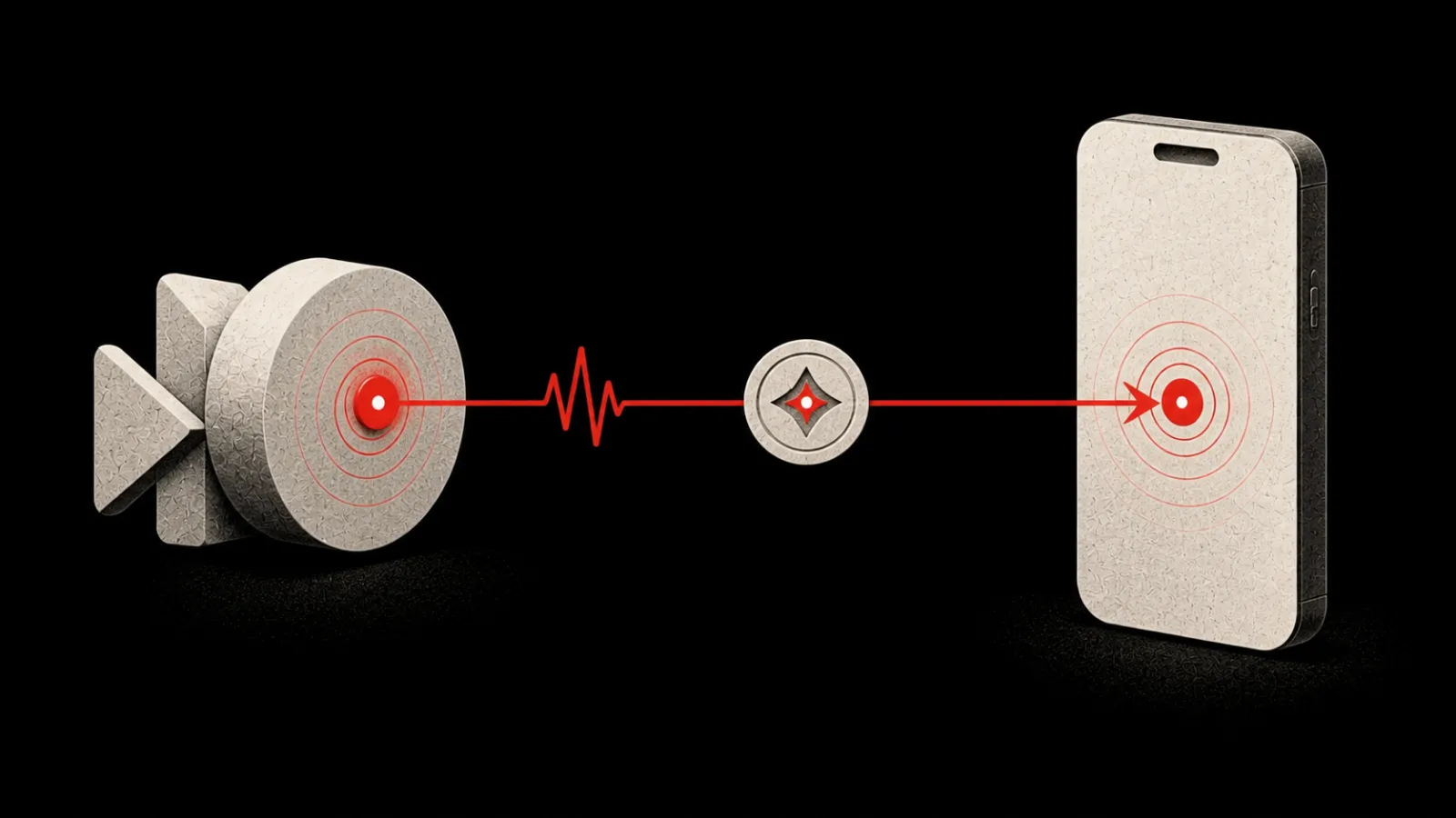 An ivory agent sends a Signal Red Ping carrying a visible provenance seal into a phone.