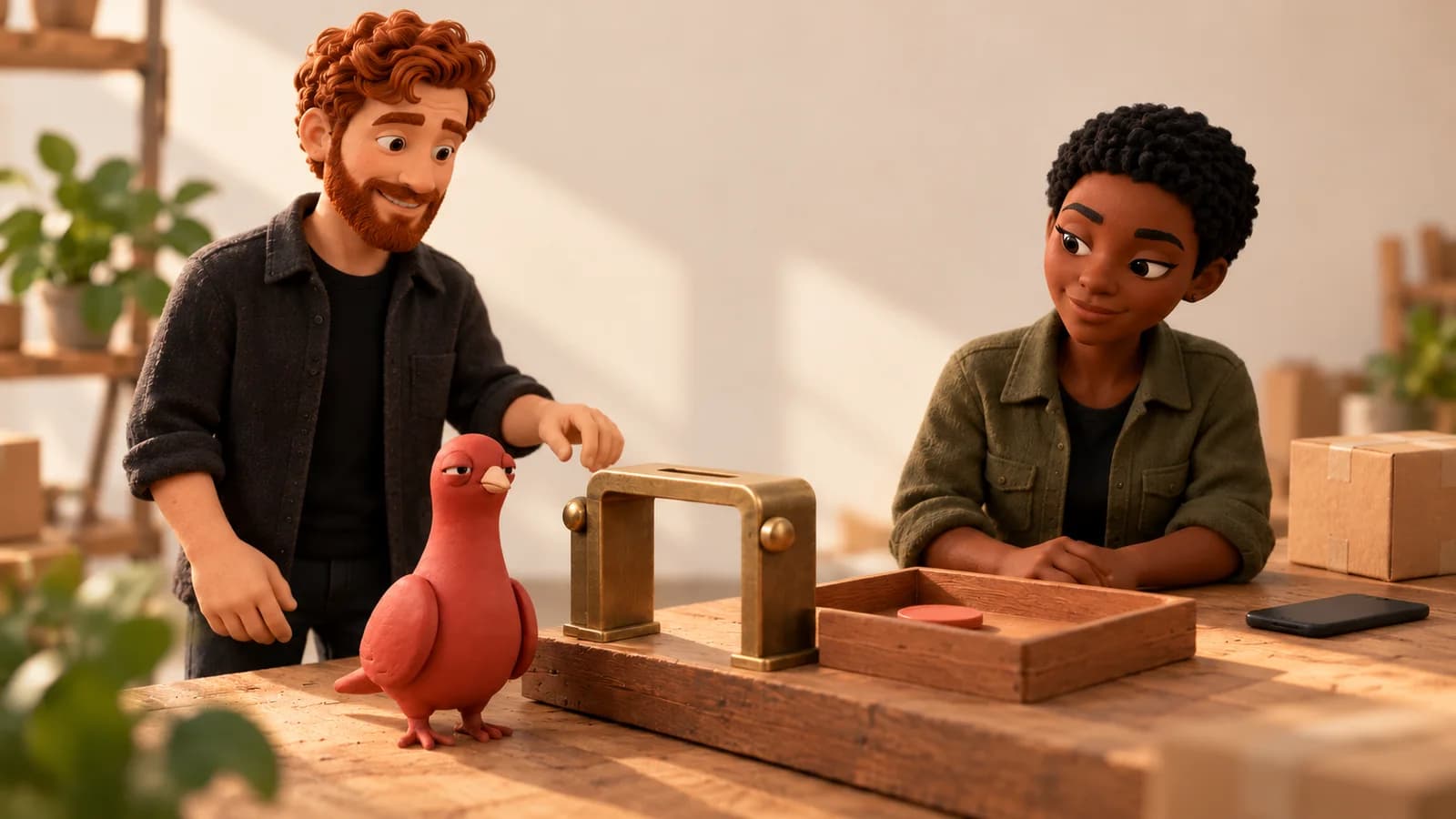 Two PingRoom avatars and Pingo watch one plain order token pass through a brass verification gate into a shared tray.