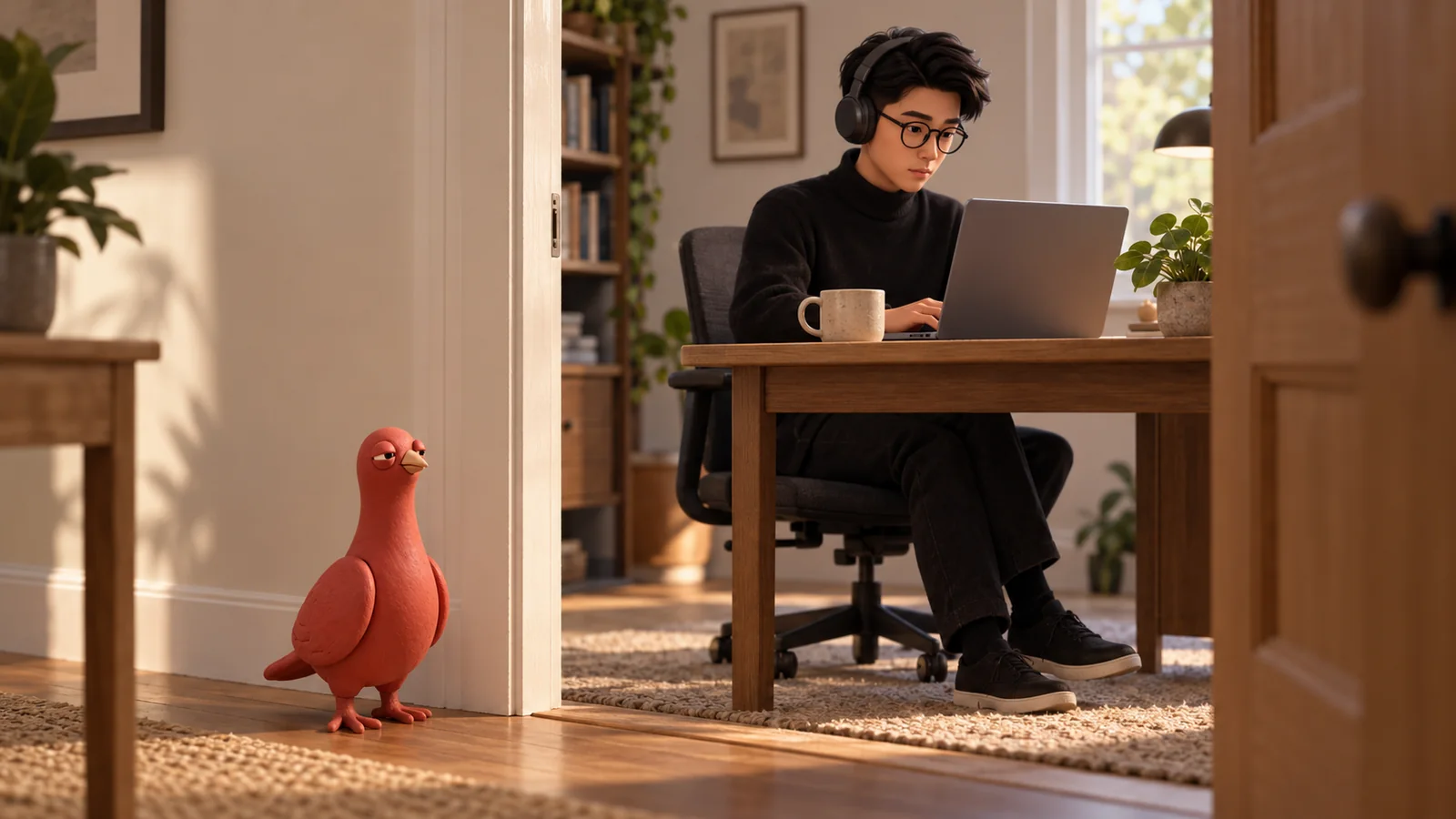 Pingo waits outside a home-office doorway while a PingRoom avatar works at a laptop wearing headphones.
