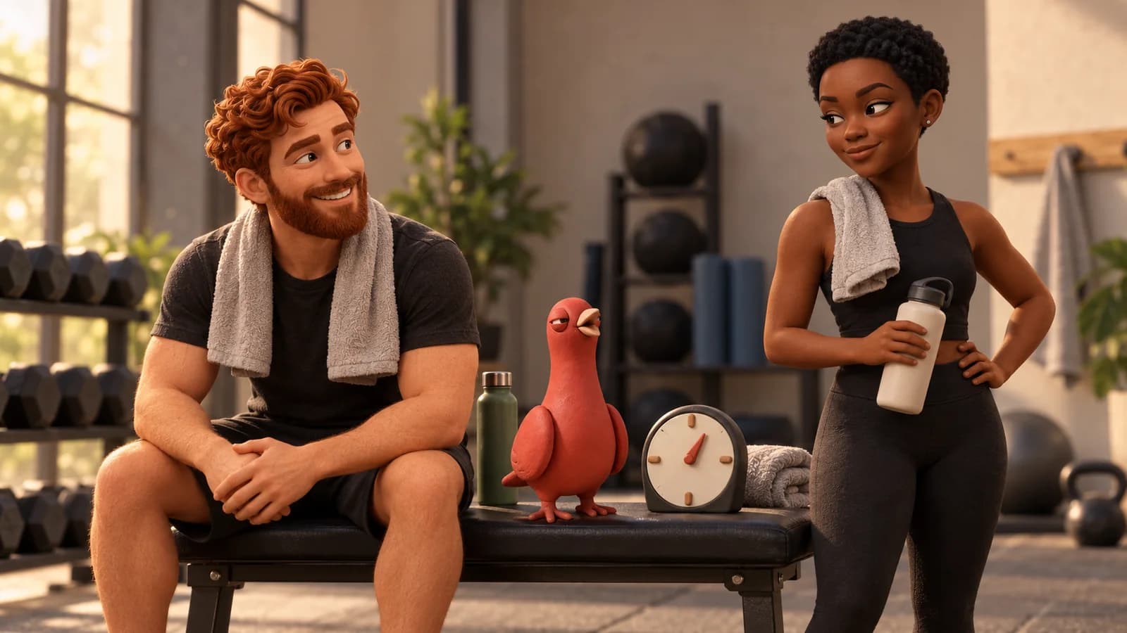 Two workout partners pause beside a gym bench while Pingo stands next to a plain analog timer.