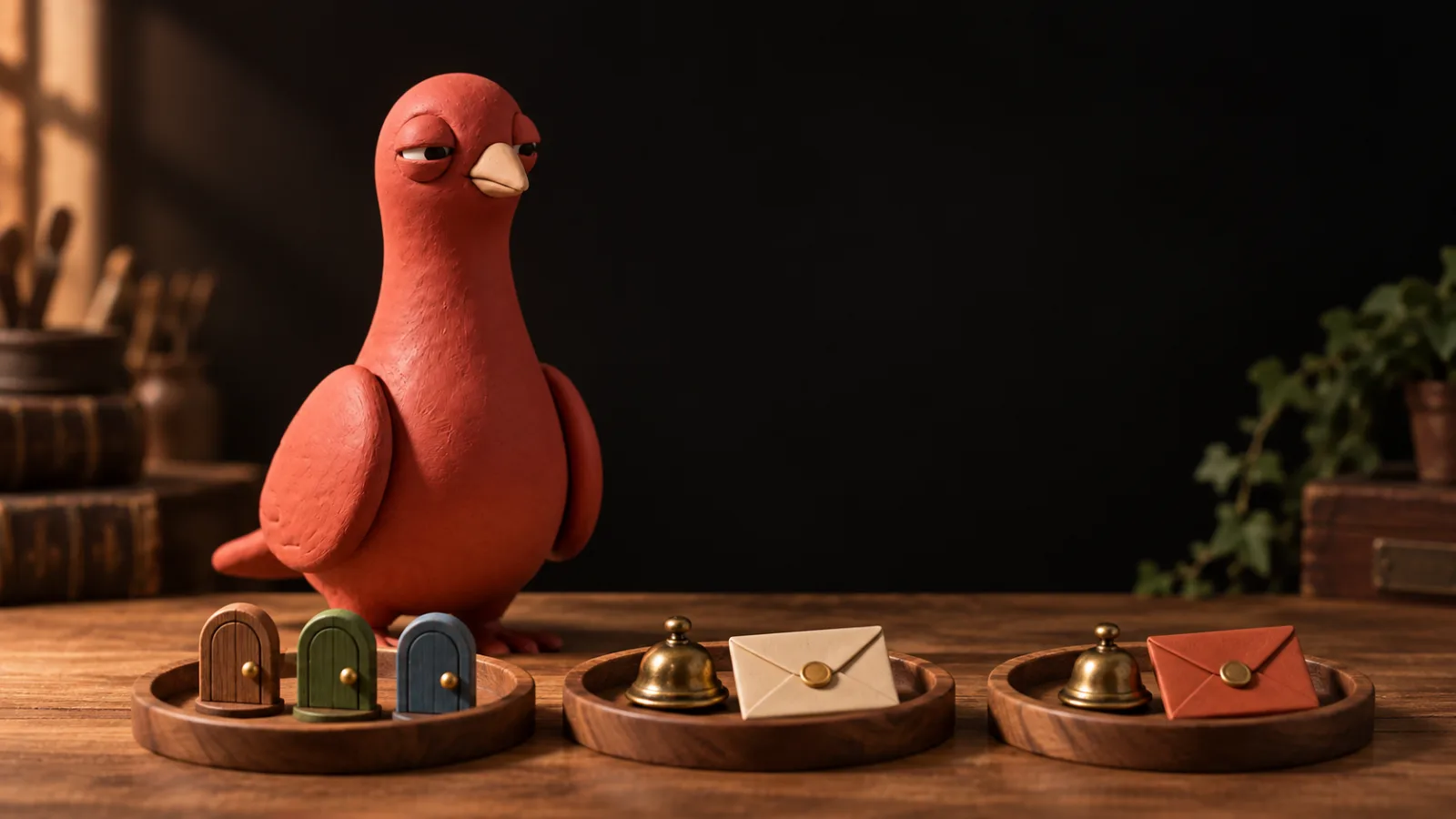 Pingo, the terracotta-red clay pigeon, stands beside three wooden trays holding room-door, bell, and envelope tokens.