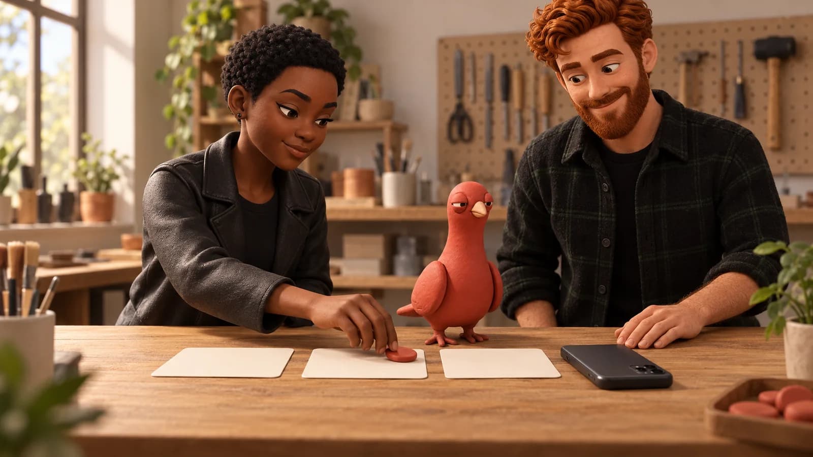 Two PingRoom avatars arrange a short line of plain workflow cards while Pingo watches one red result token reach a face-down phone.