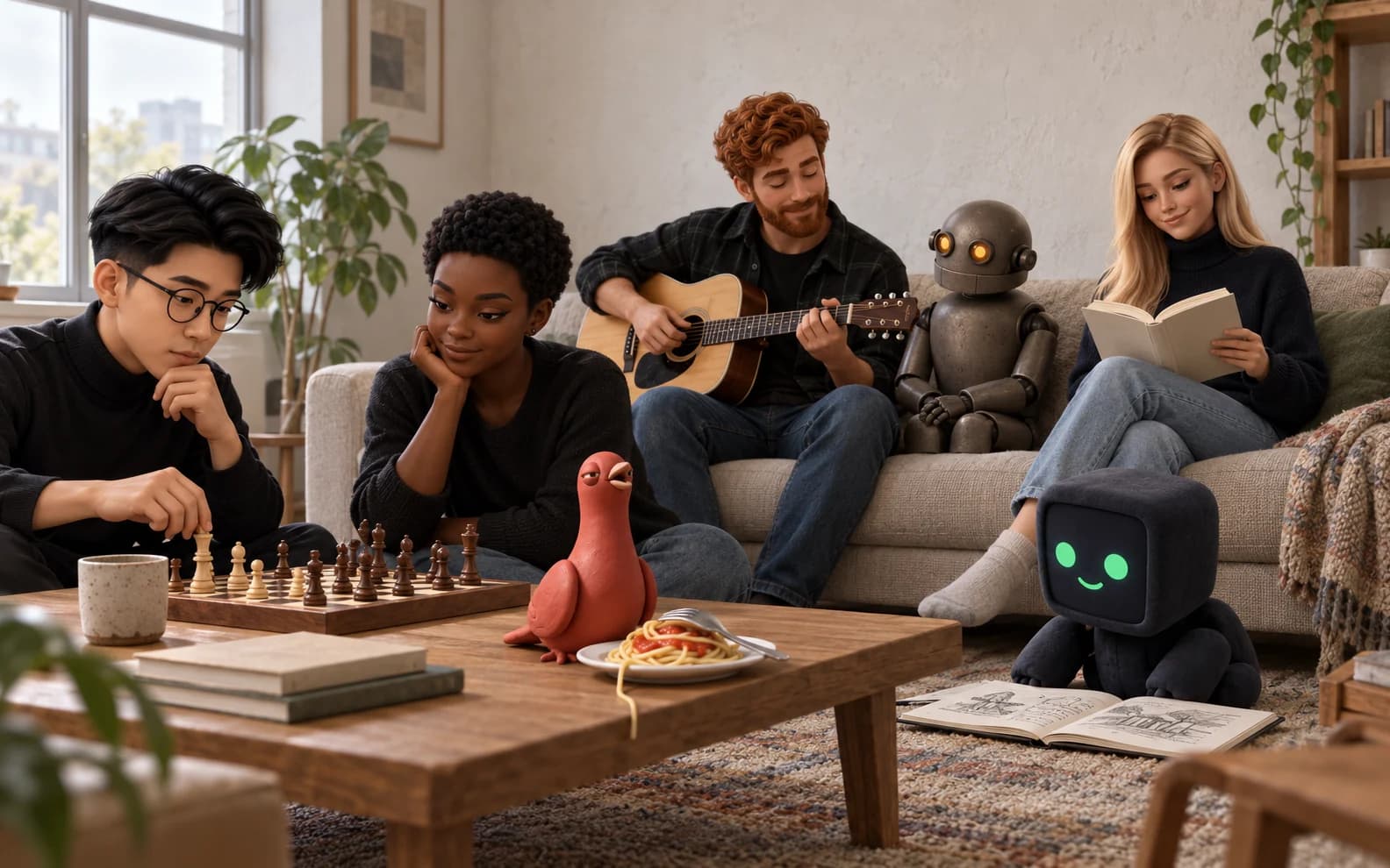 Pingo with six PingRoom avatars playing chess, making music, and reading at home