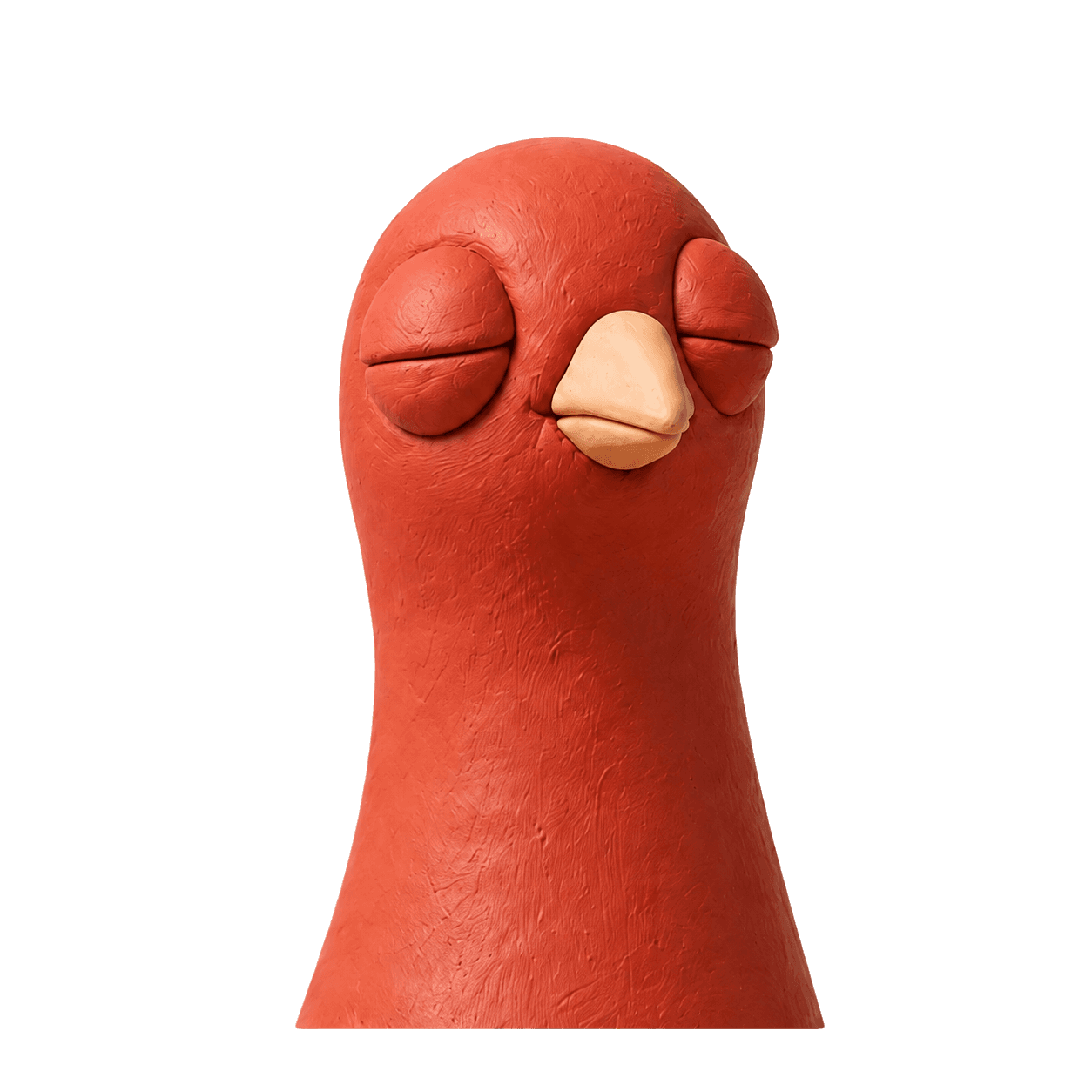 Pingo the Pigeon, a red clay pigeon resting with his eyes closed.