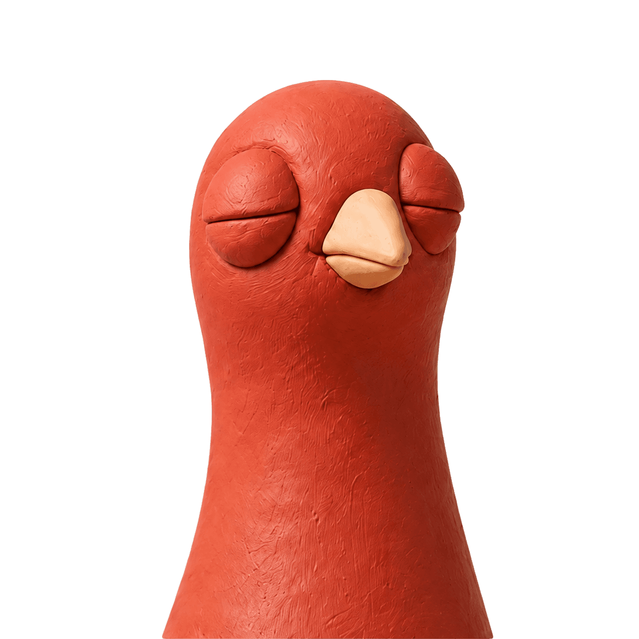 Pingo the Pigeon, a red clay pigeon resting with his eyes closed.