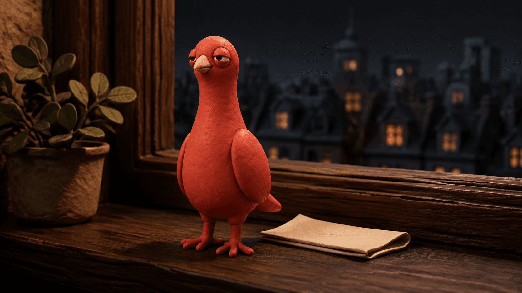 Pingo rests on a wooden windowsill beside a small folded note, with a quiet miniature city glowing beyond the window