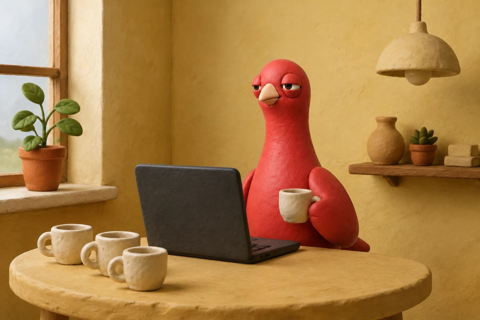 Pingo holds an espresso mug beside three empty mugs and a laptop in a warm yellow clay café