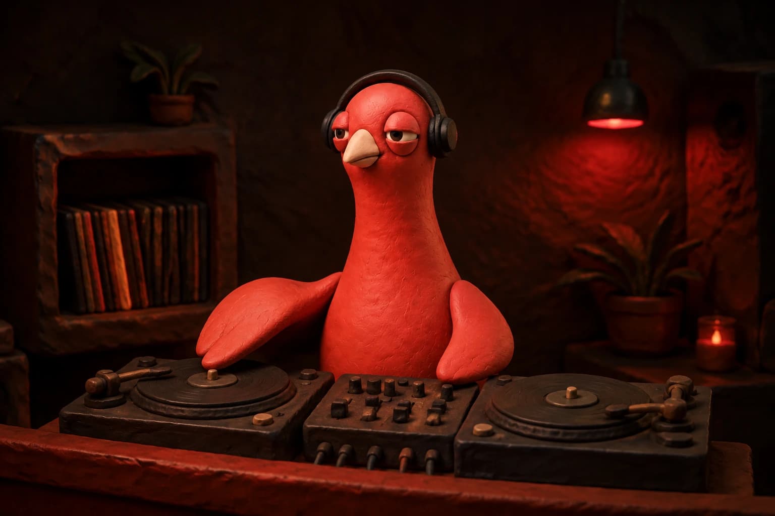 Pingo wears headphones and works a pair of miniature turntables in a warmly lit red clay DJ booth