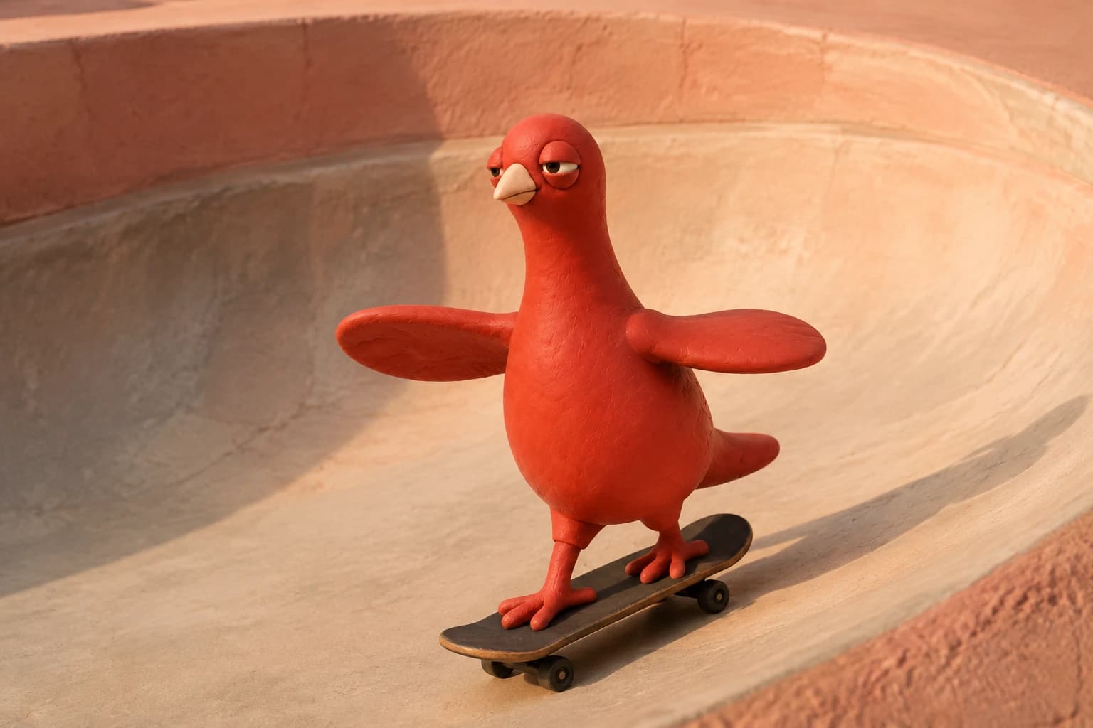 Pingo rolls through a sunlit clay skate bowl on a tiny skateboard, wings out and eyes completely unimpressed