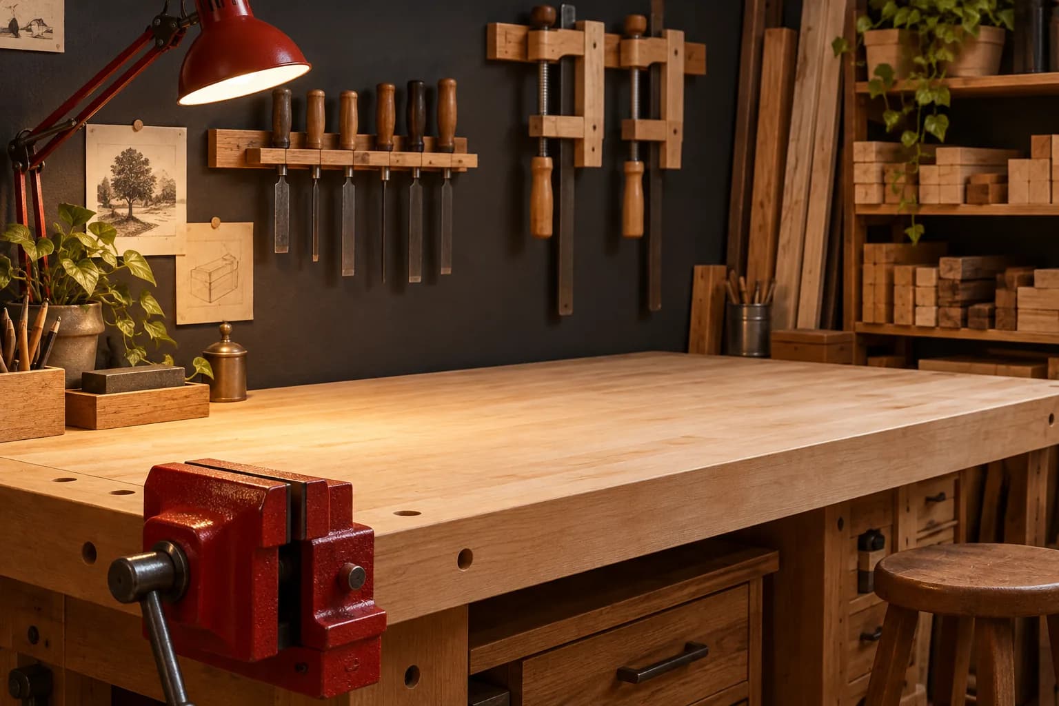 A clear wooden makerspace workbench with a red vise and neatly hung tools under warm task light.